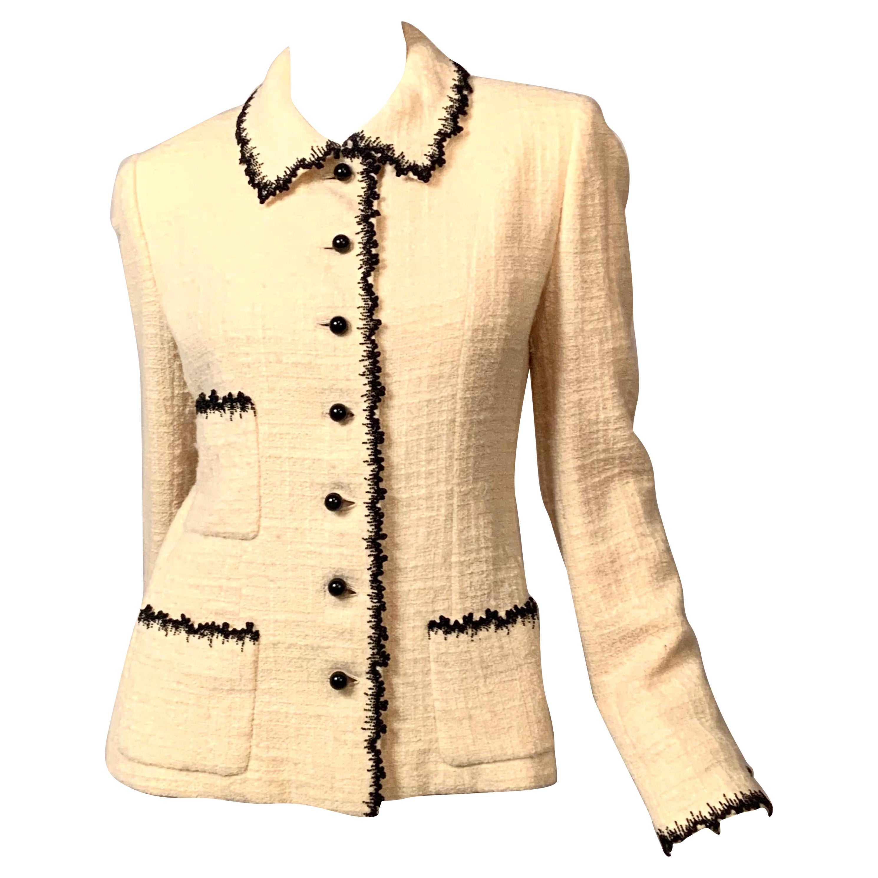 Bill Blass Cream Wool Jacket with Black Beaded Trim