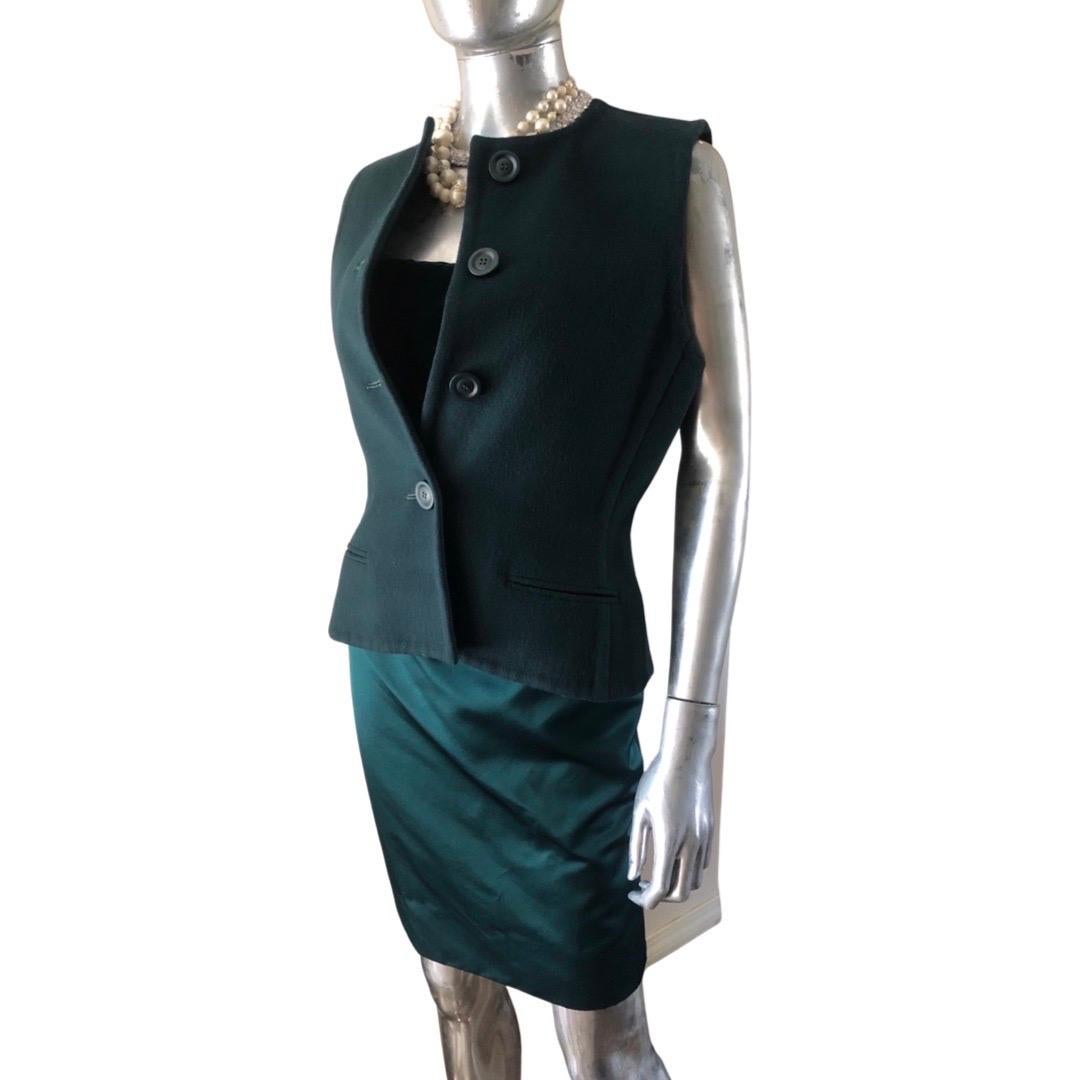 Oh how Luxe! 1990s custom made ensemble by Bill Blass (when he was alive and designing) for Martha Palm Beach. Worn to an event once! Dress is a strapless emerald velvet bodice with duchess silk satin pencil skirt. The dress has a built in bustier