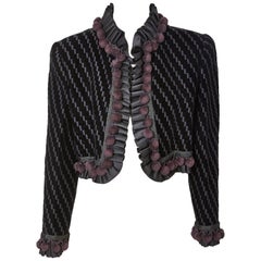 Bill Blass Embroidered Velvet Cropped Jacket With Ruffle Trim