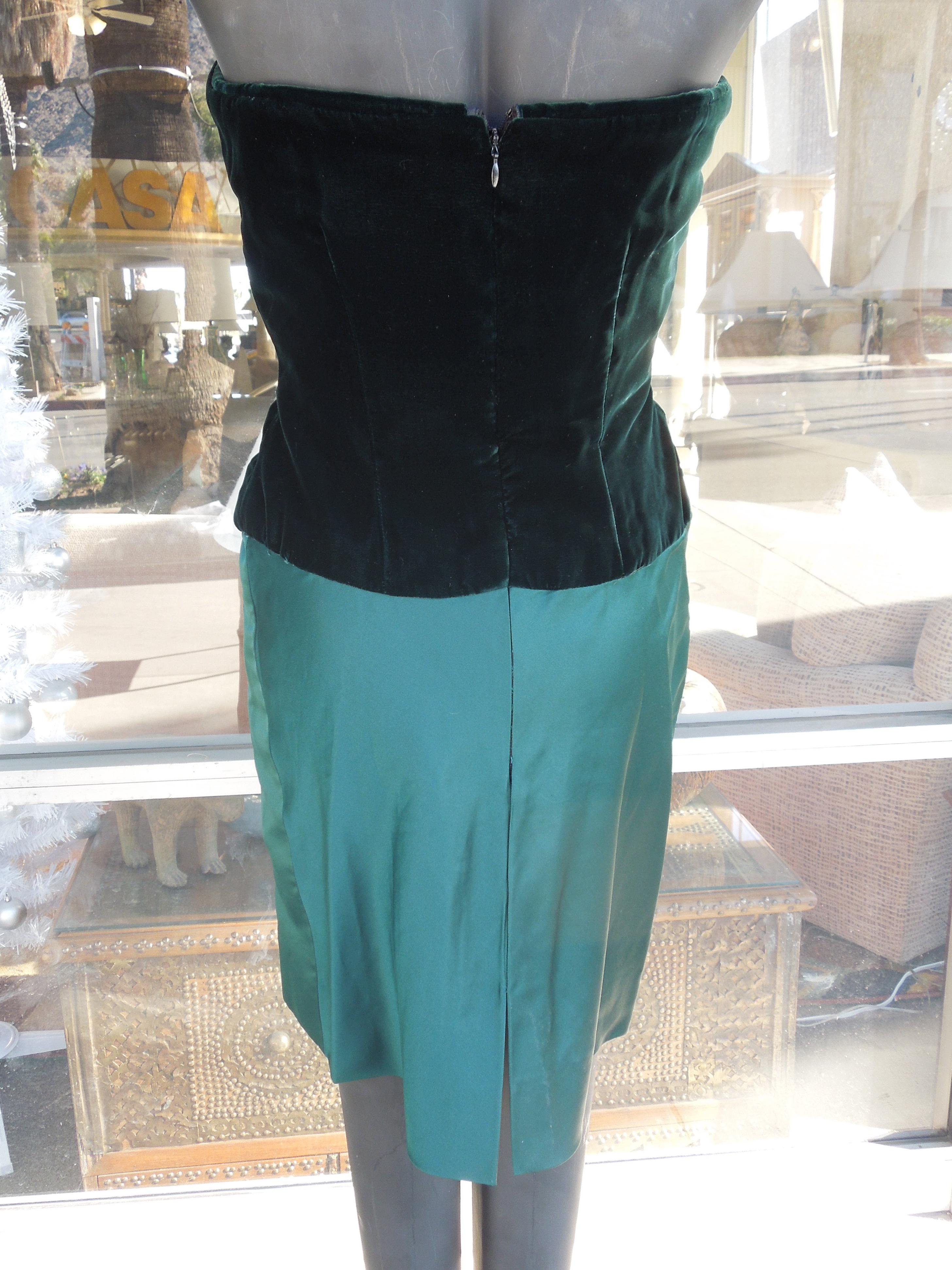 Late 20th Century Bill Blass Emerald Green Stapless Cocktail Dress and Matching Vest