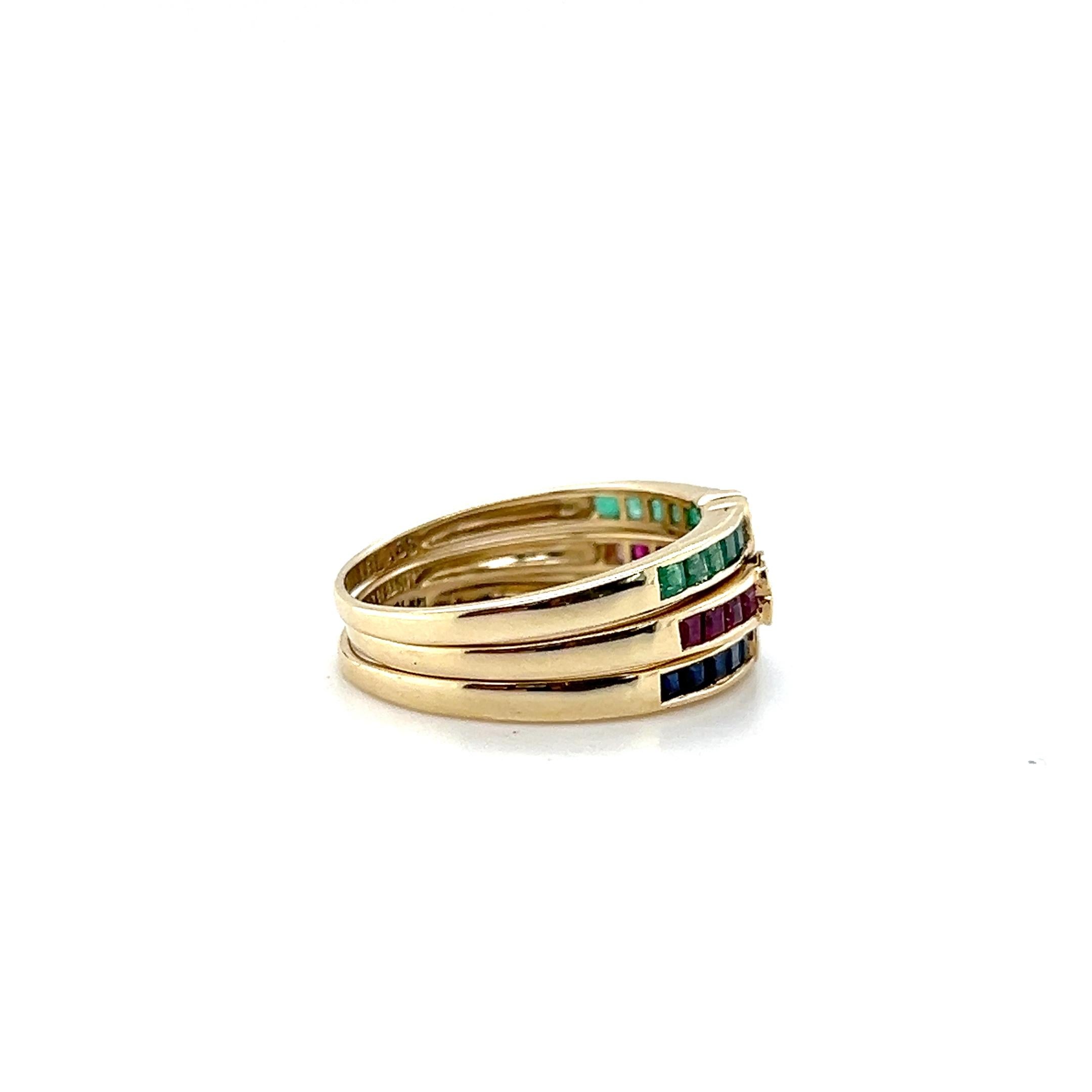 Bill Blass Smaragd Rubin Blauer Saphir & Diamant 14k Gelbgold Stack Ring 1990s im Angebot 4