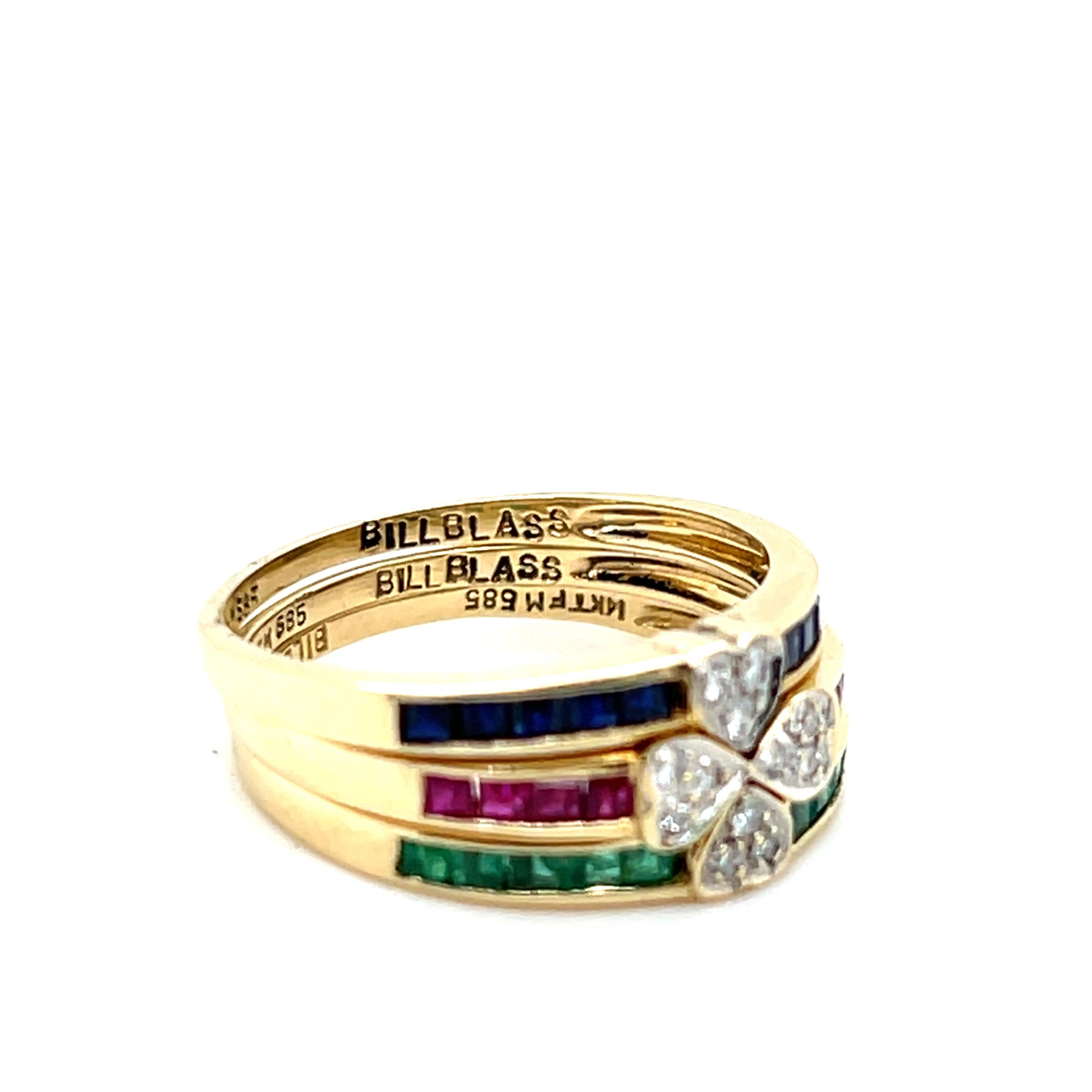 Bill Blass Smaragd Rubin Blauer Saphir & Diamant 14k Gelbgold Stack Ring 1990s im Angebot 6