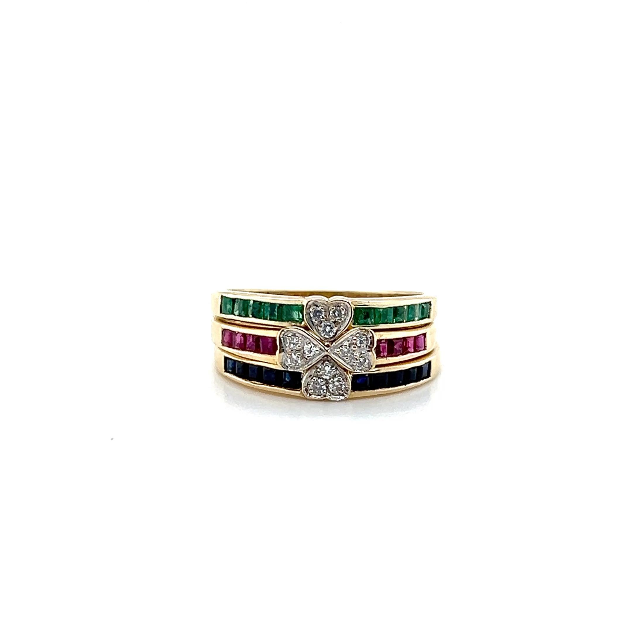 Bill Blass Smaragd Rubin Blauer Saphir & Diamant 14k Gelbgold Stack Ring 1990s im Angebot 1