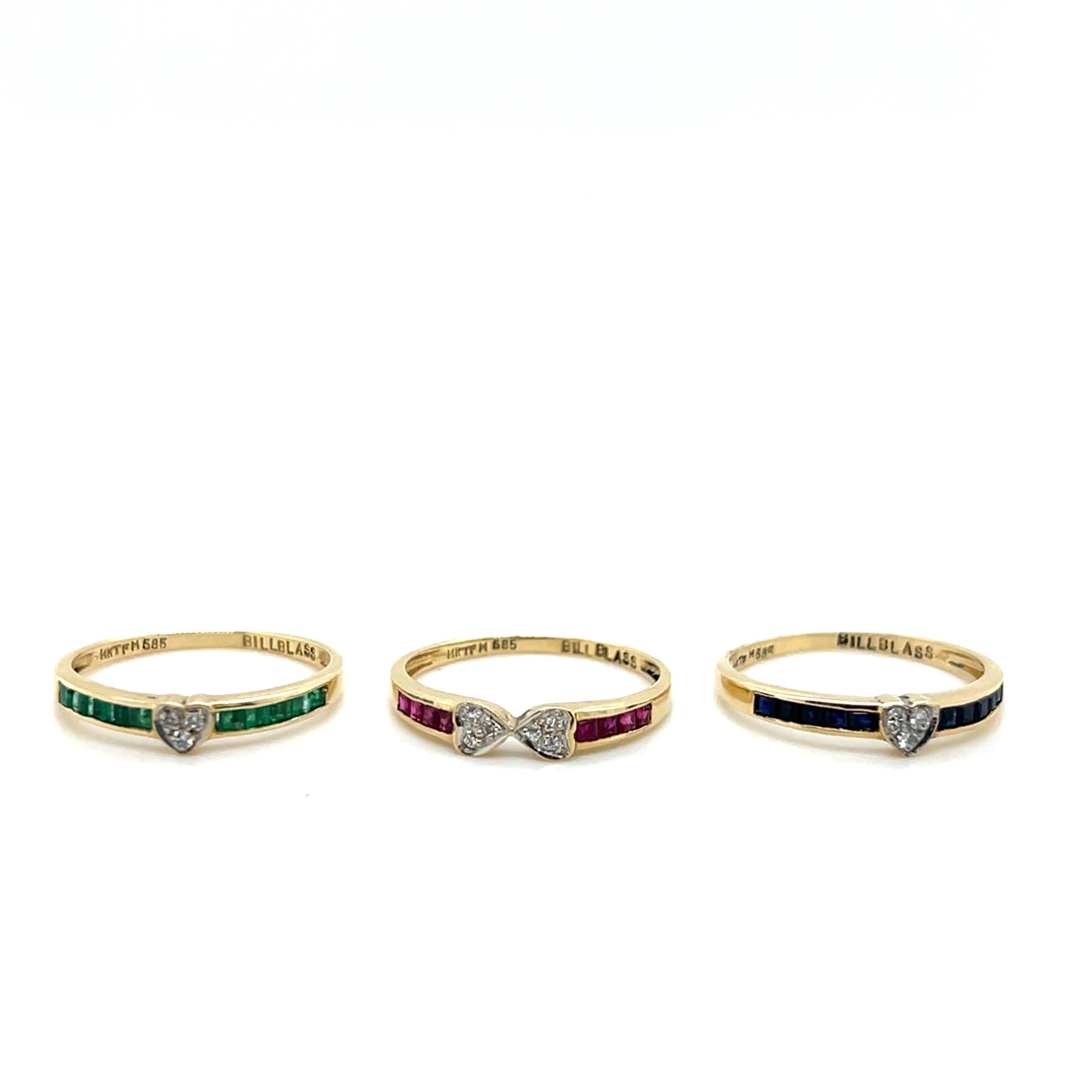 Bill Blass Smaragd Rubin Blauer Saphir & Diamant 14k Gelbgold Stack Ring 1990s im Angebot 2