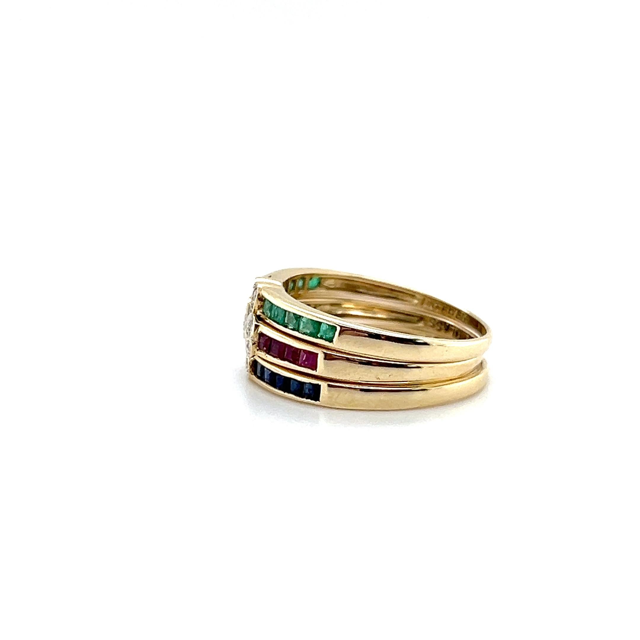 Bill Blass Smaragd Rubin Blauer Saphir & Diamant 14k Gelbgold Stack Ring 1990s im Angebot 3