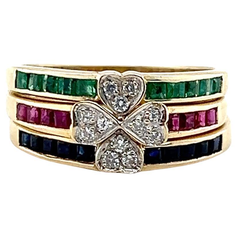 Bill Blass Smaragd Rubin Blauer Saphir 
Diamant 14k Gelbgold Stack Ring 1990s im Angebot