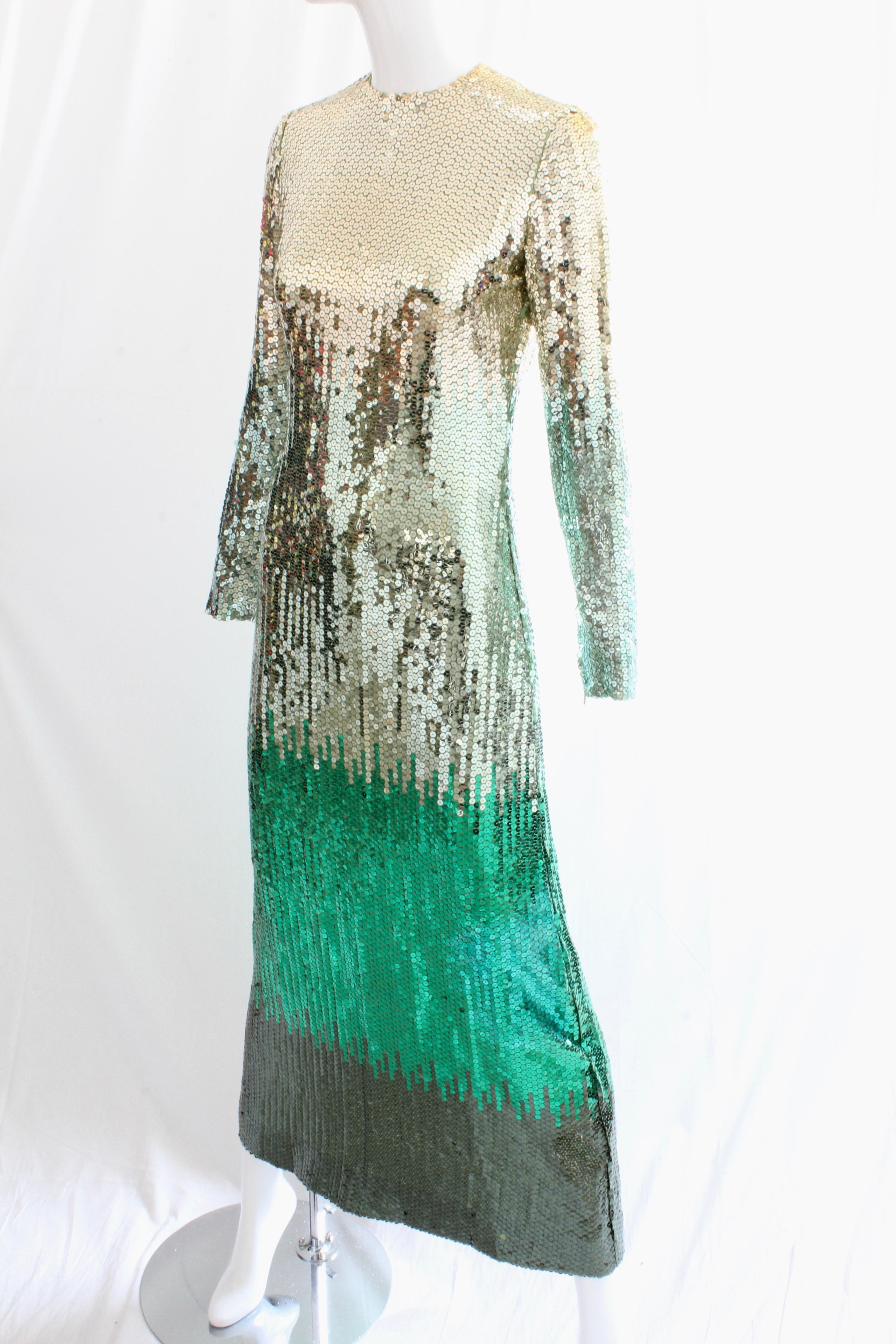 Gray Bill Blass Evening Gown Ombre Metallic Emerald Sequins 70s Size 8