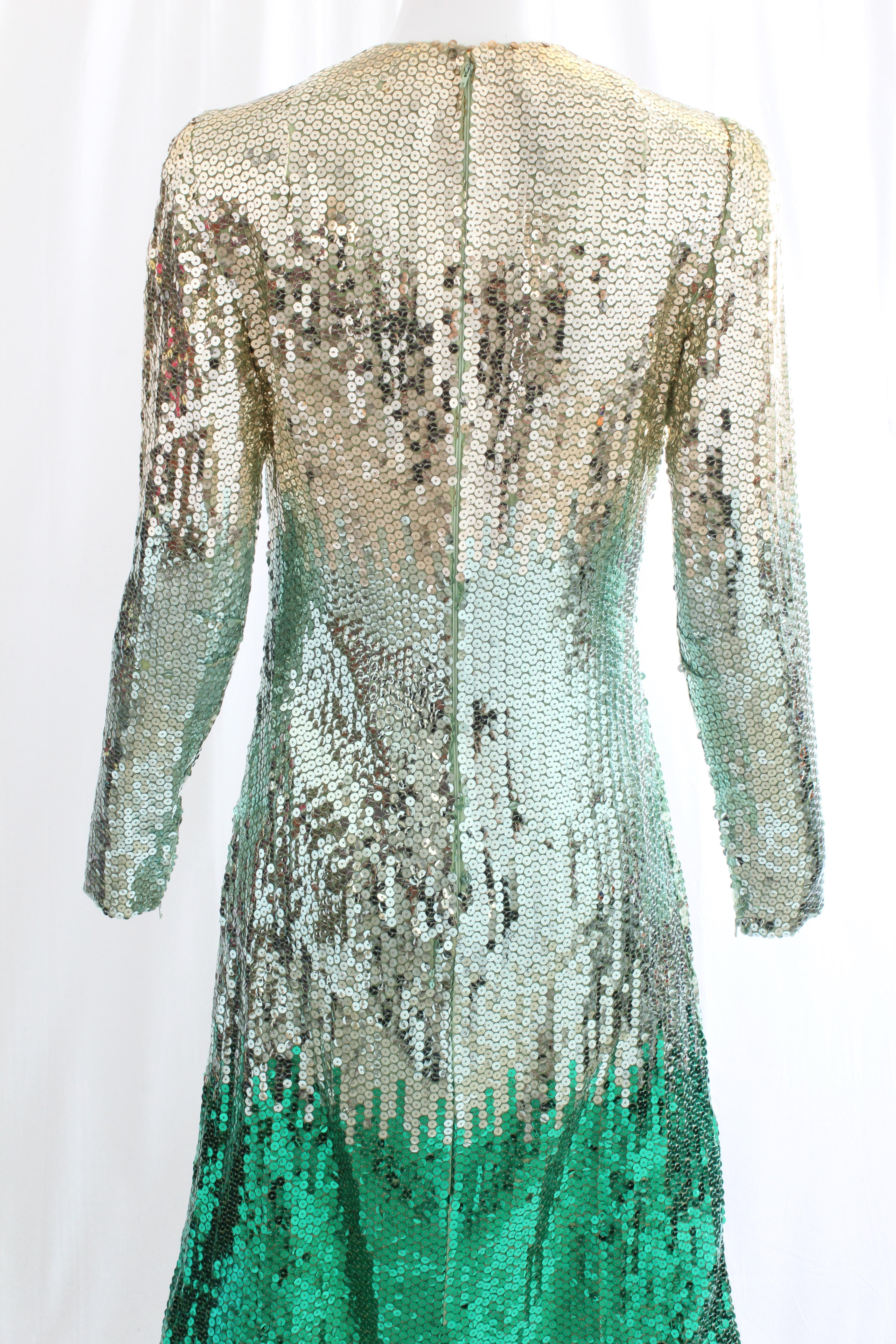 Bill Blass Evening Gown Ombre Metallic Emerald Sequins 70s Size 8 In Good Condition In Port Saint Lucie, FL