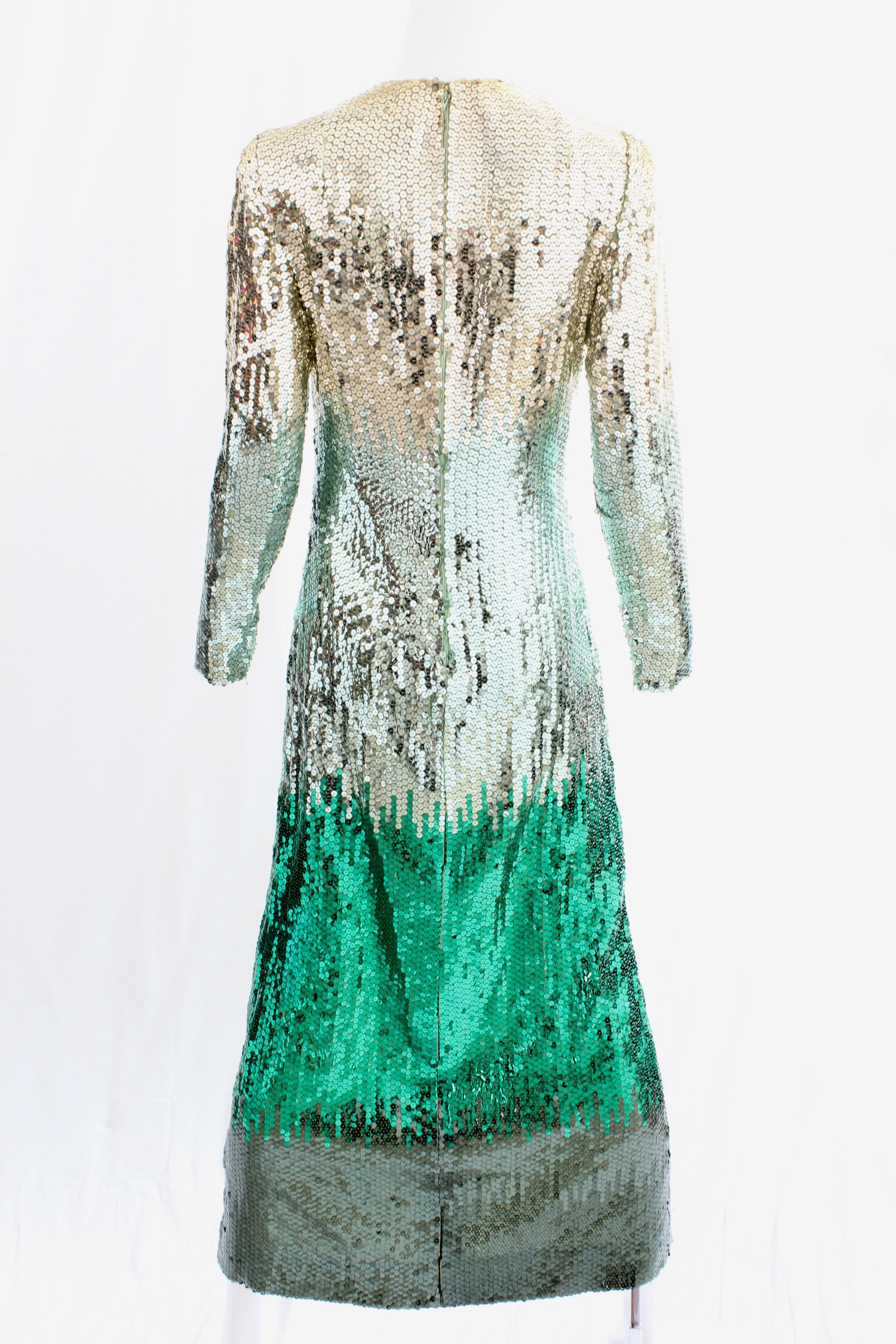 Women's Bill Blass Evening Gown Ombre Metallic Emerald Sequins 70s Size 8