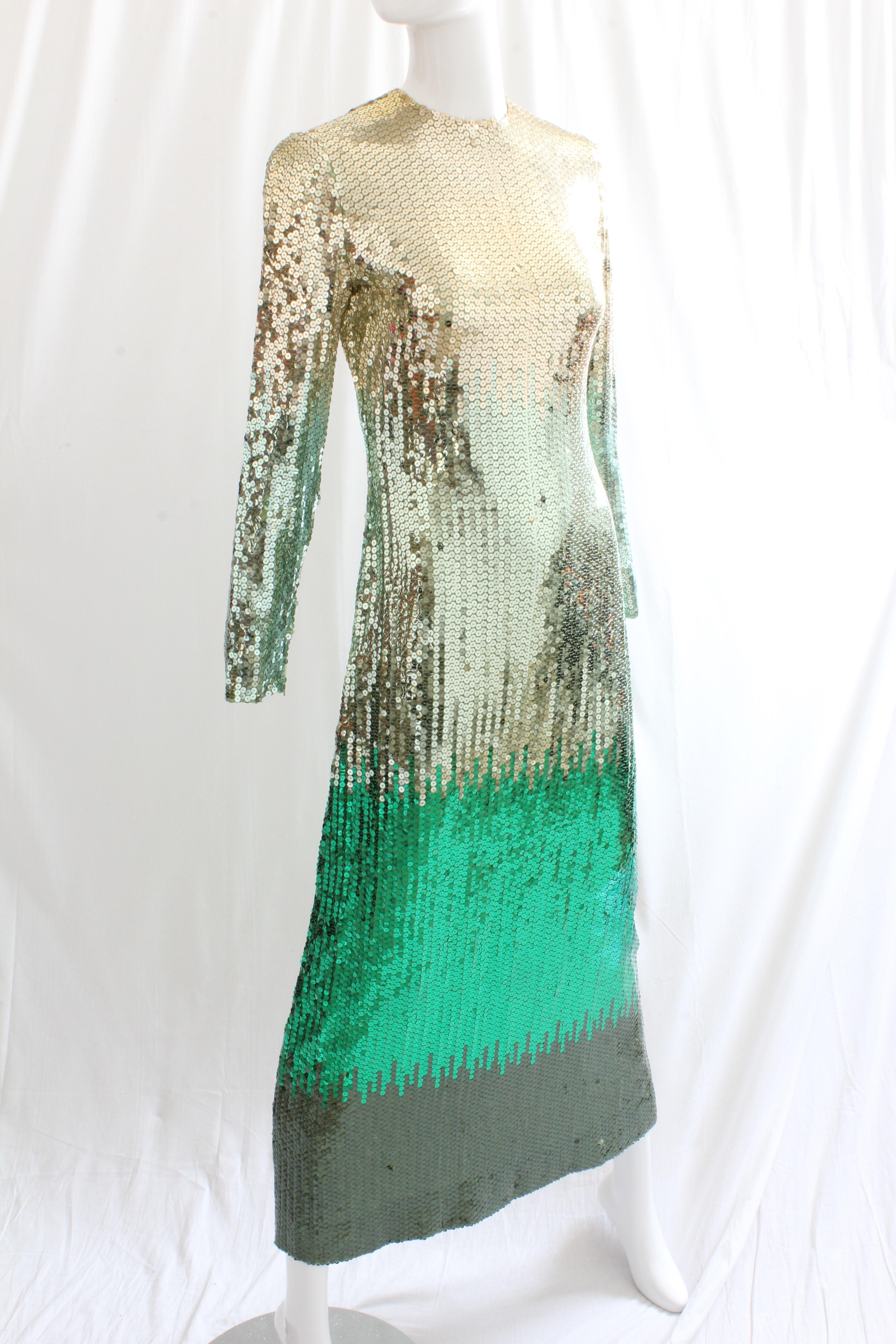 Bill Blass Evening Gown Ombre Metallic Emerald Sequins 70s Size 8 1