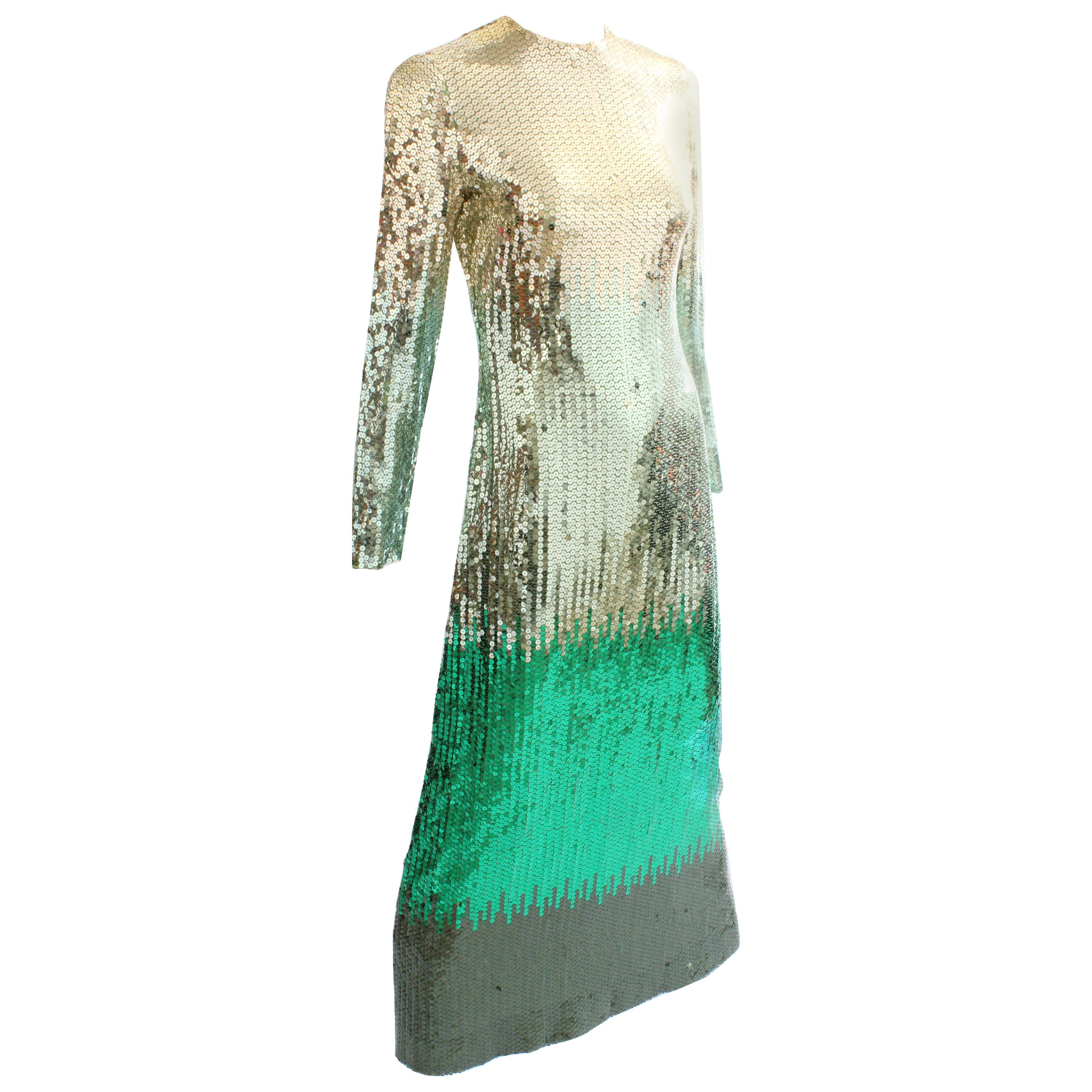 Bill Blass Evening Gown Ombre Metallic Emerald Sequins 70s Size 8