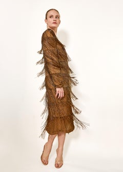 Bill Blass Fall 1984 Beaded Fringe Bronze & Gold Cocktail Dress