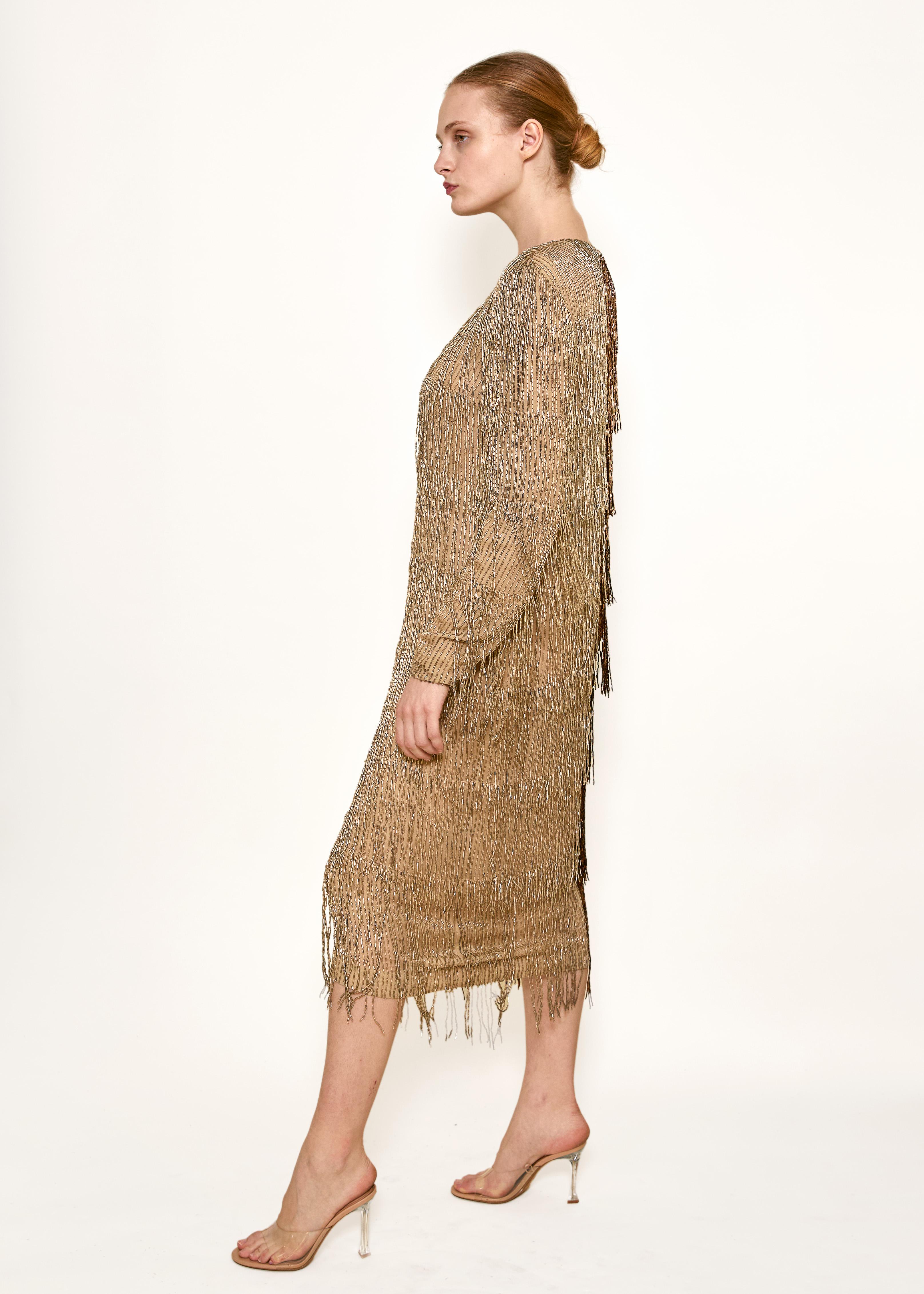 Bill Blass Fall 1984 Beaded Fringe Bronze & Gold Cocktail Dress In Fair Condition For Sale In Los Angeles, CA