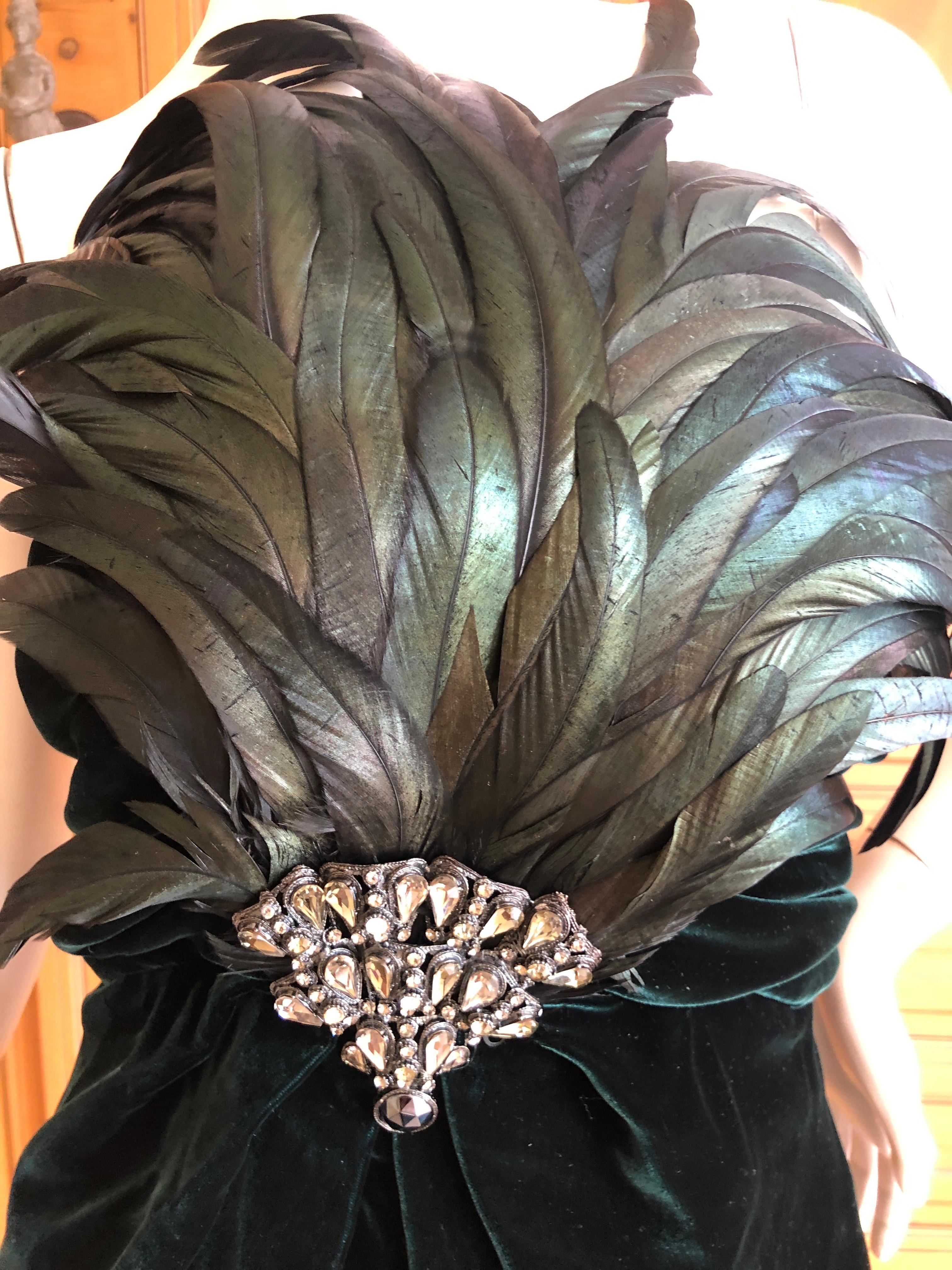 Bill Blass Fall 1986 Green Velvet Jeweled & Feathered Strapless Cocktail Dress .
I created the jeweled center piece for Mr Blass, this is one of the rare ones created with the original jewel. I couldn't keep up with the production, so they finished