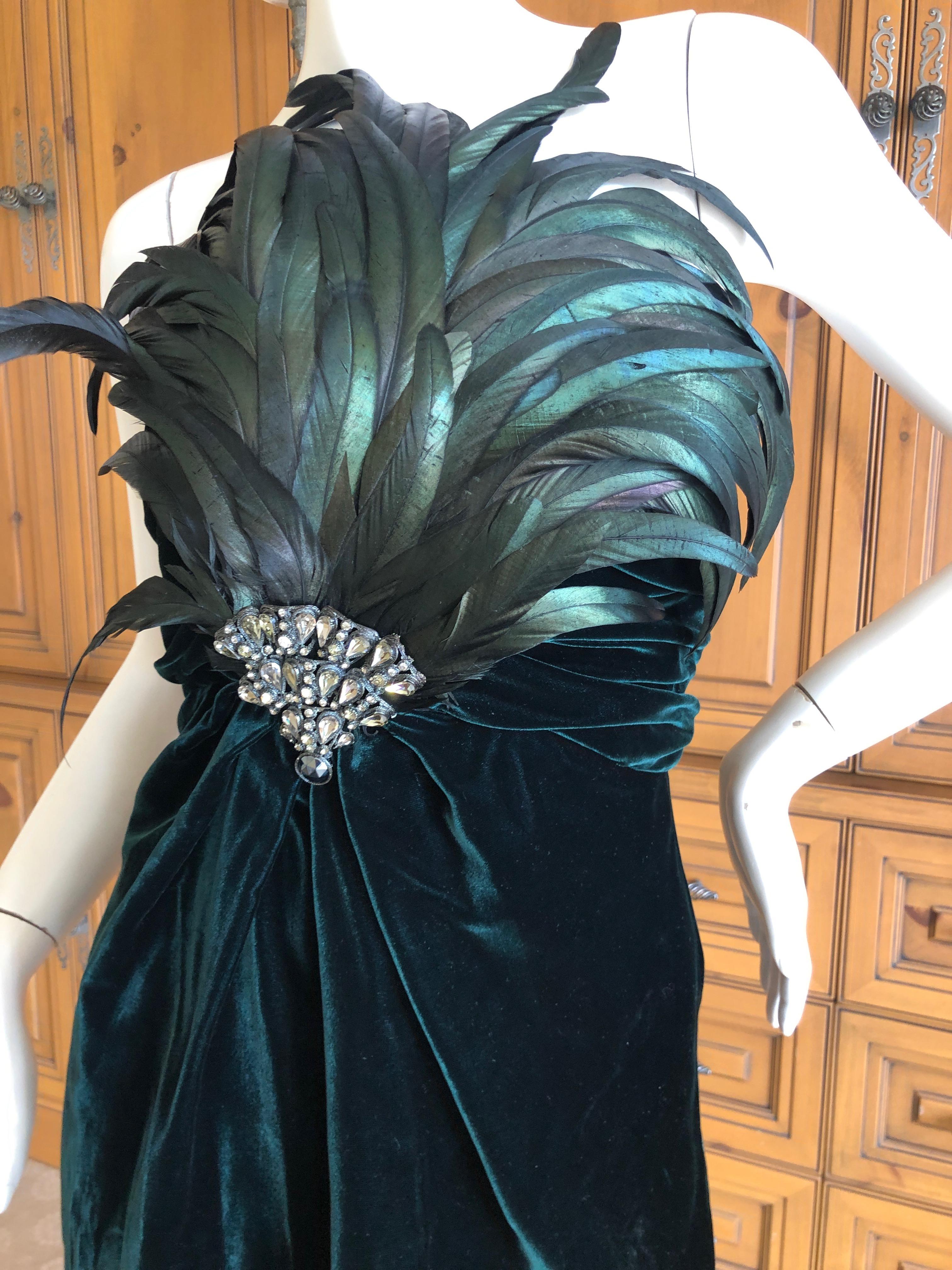 Bill Blass Fall 1986 Green Velvet Jeweled & Feathered Strapless Cocktail Dress  For Sale 1