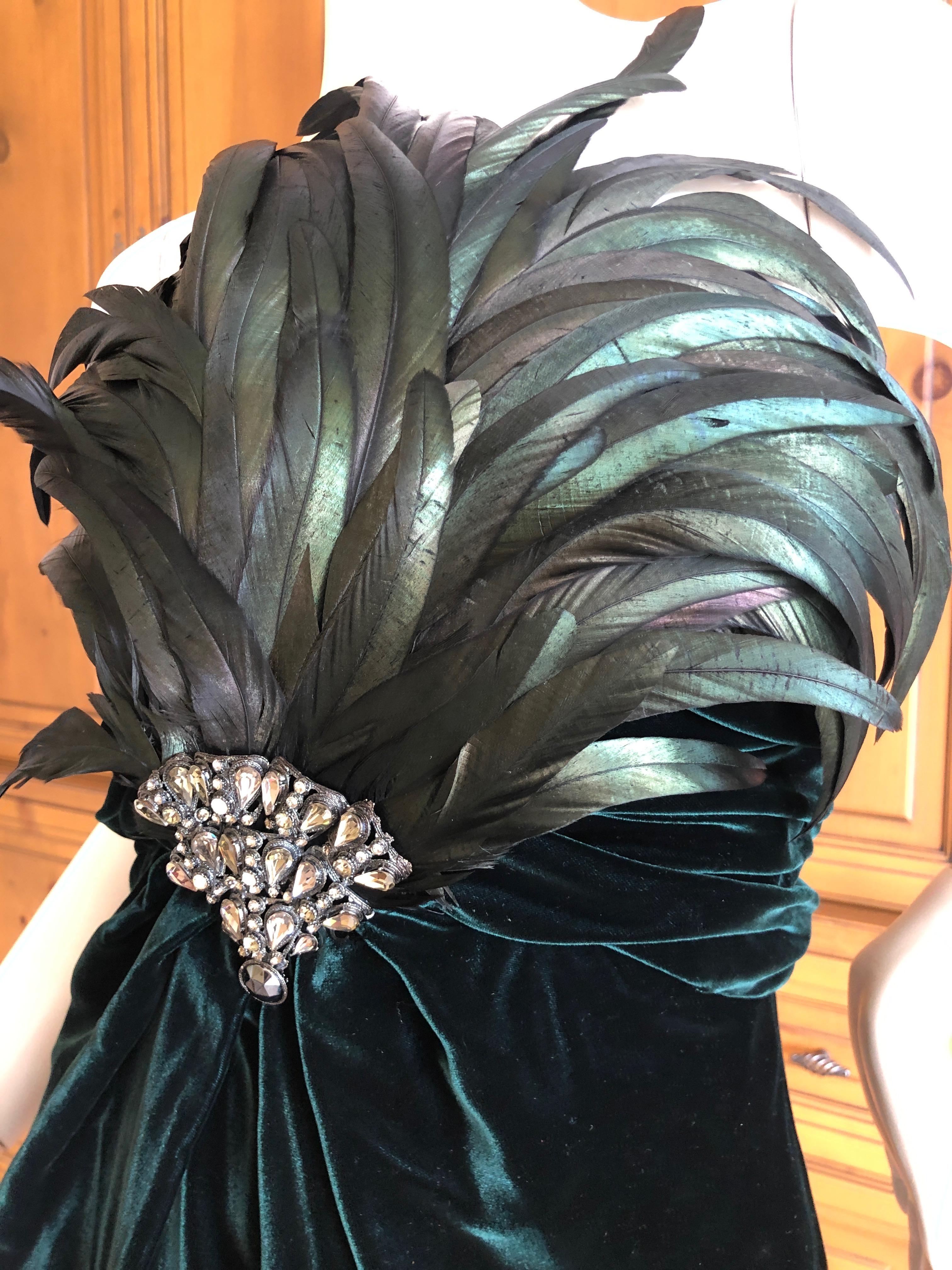 Bill Blass Fall 1986 Green Velvet Jeweled & Feathered Strapless Cocktail Dress  For Sale 2