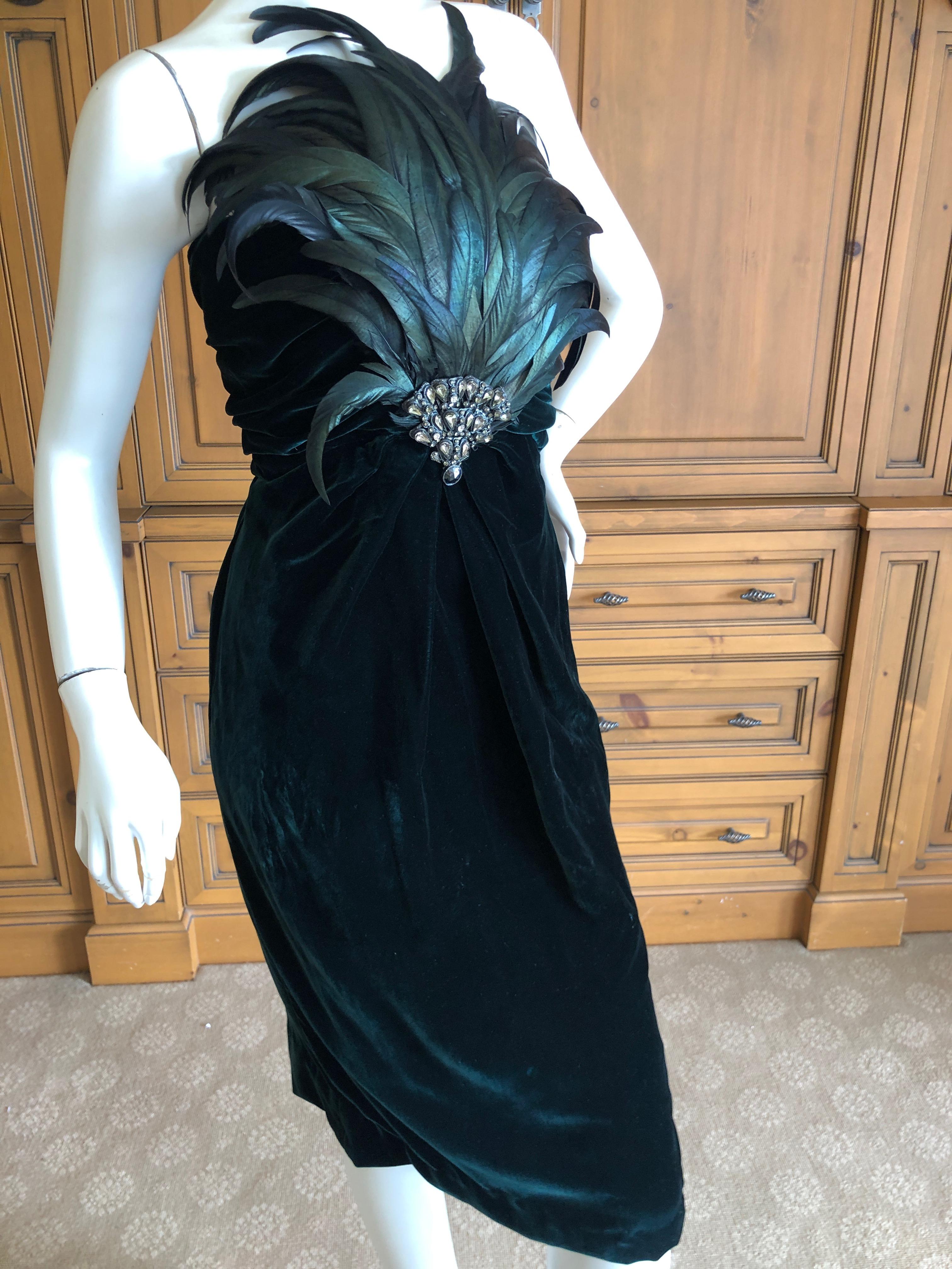 Bill Blass Fall 1986 Green Velvet Jeweled & Feathered Strapless Cocktail Dress  For Sale 4