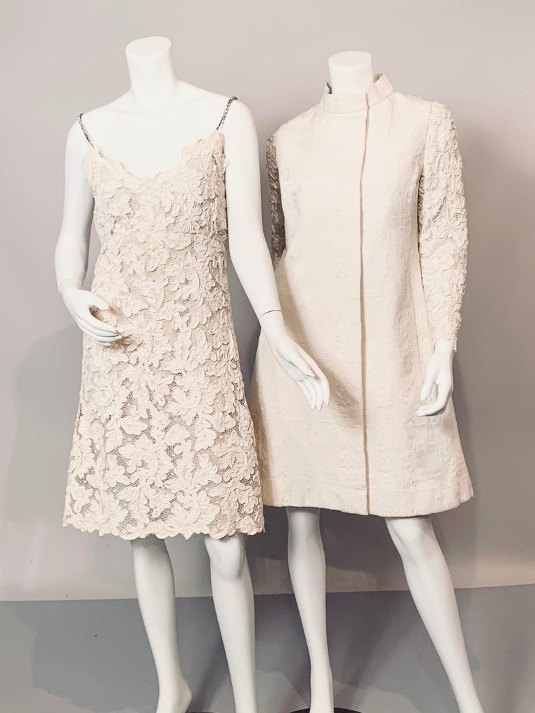 Beige Bill Blass for Maurice Rentner Lace Dress and Matching Coat with Lace Sleeves For Sale