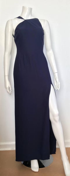 Bill Blass for Neiman Marcus 1980s Navy Silk Crepe Gown with Train Size 6.
