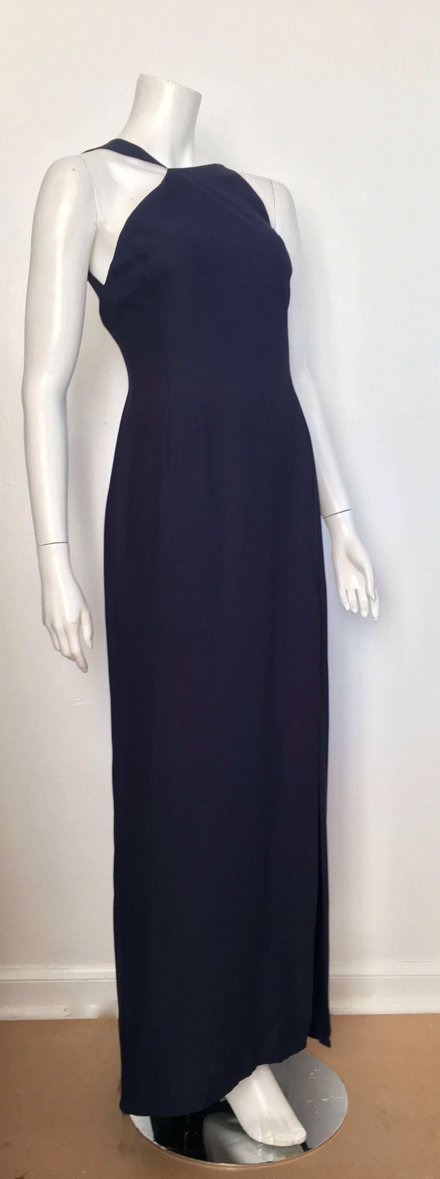 Women's or Men's Bill Blass for Neiman Marcus 1980s Navy Silk Crepe Gown with Train Size 6. For Sale