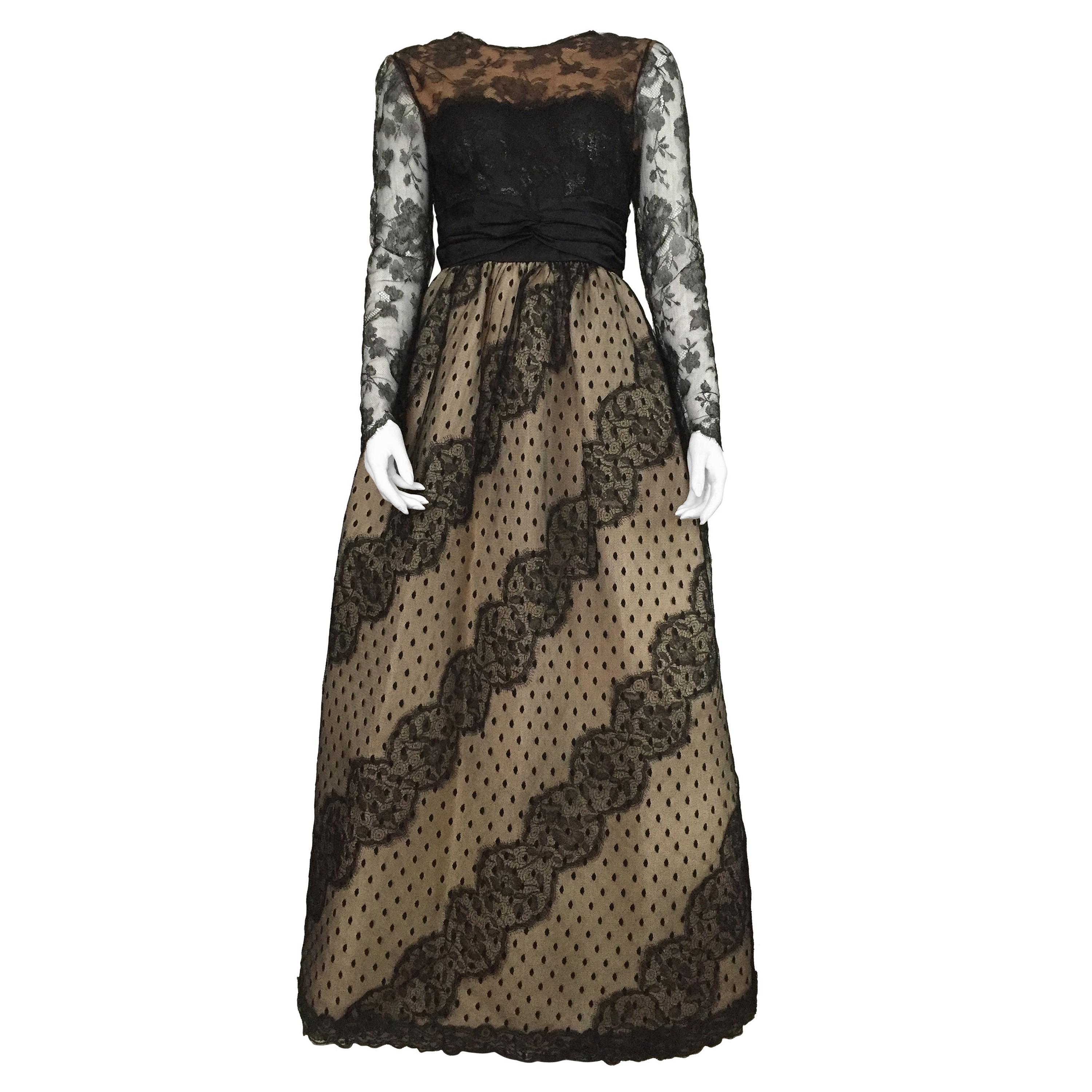 Bill Blass for Saks 1970s Black Lace and Ivory Silk Taffeta Gown Size 4. For Sale