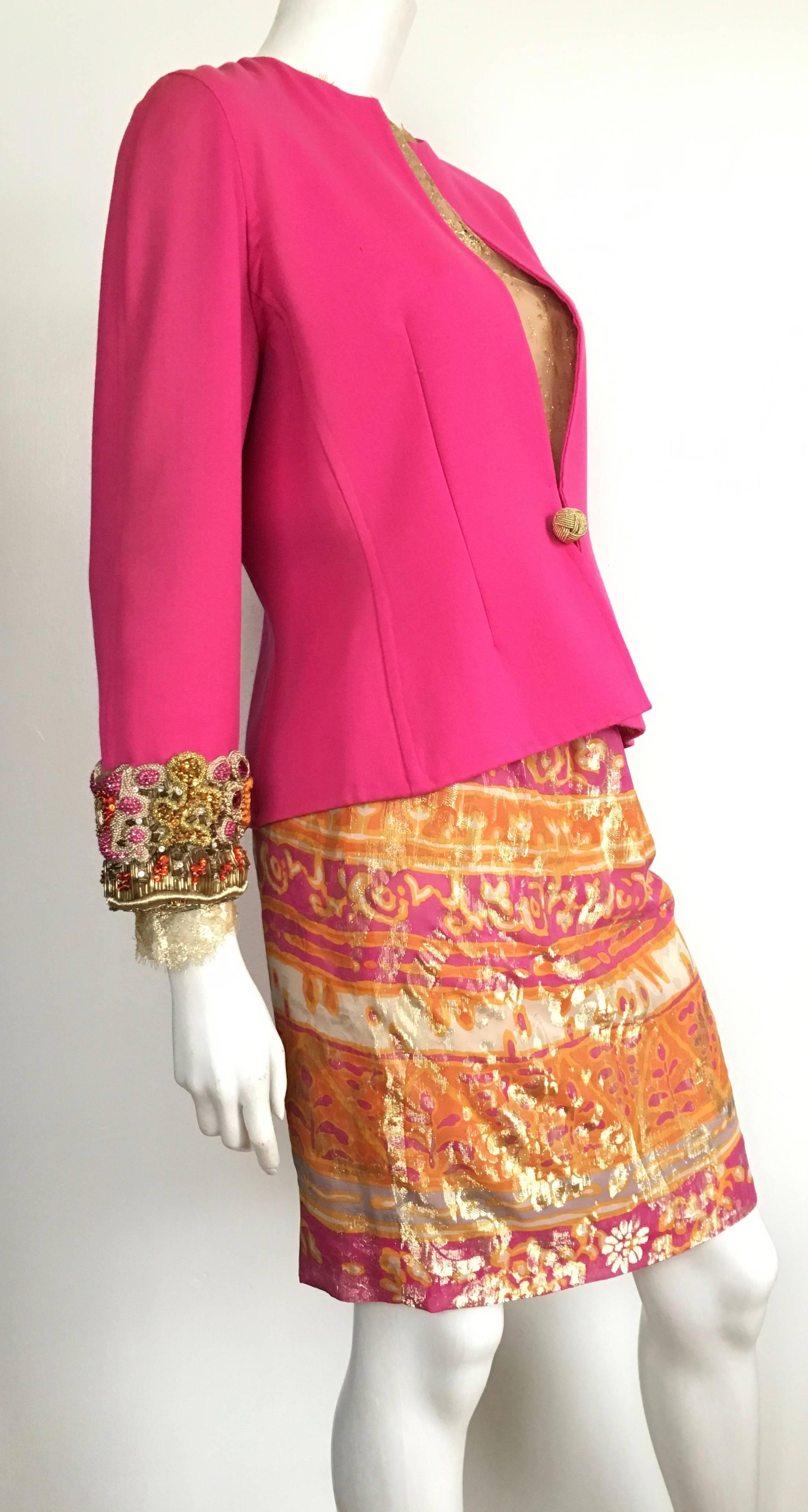 Bill Blass for Saks Fifth Avenue 1980s fuchsia beaded encrusted jacket with gold lace blouse & skirt is labeled a size 8 but fits more like a modern size 6. The waist on skirt is 26. 1/2