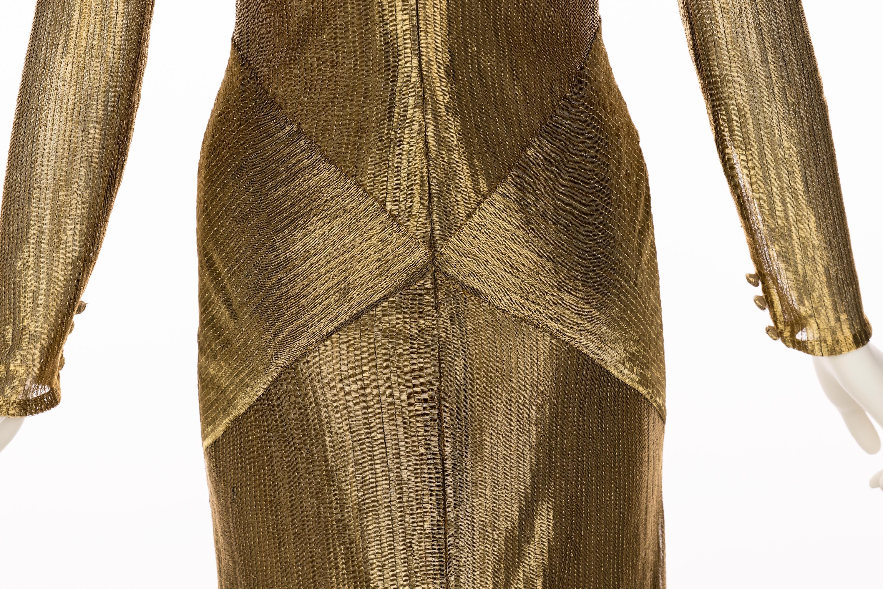 Bill Blass Gold Metal Fishtail Column Maxi Dress, 1980s 4