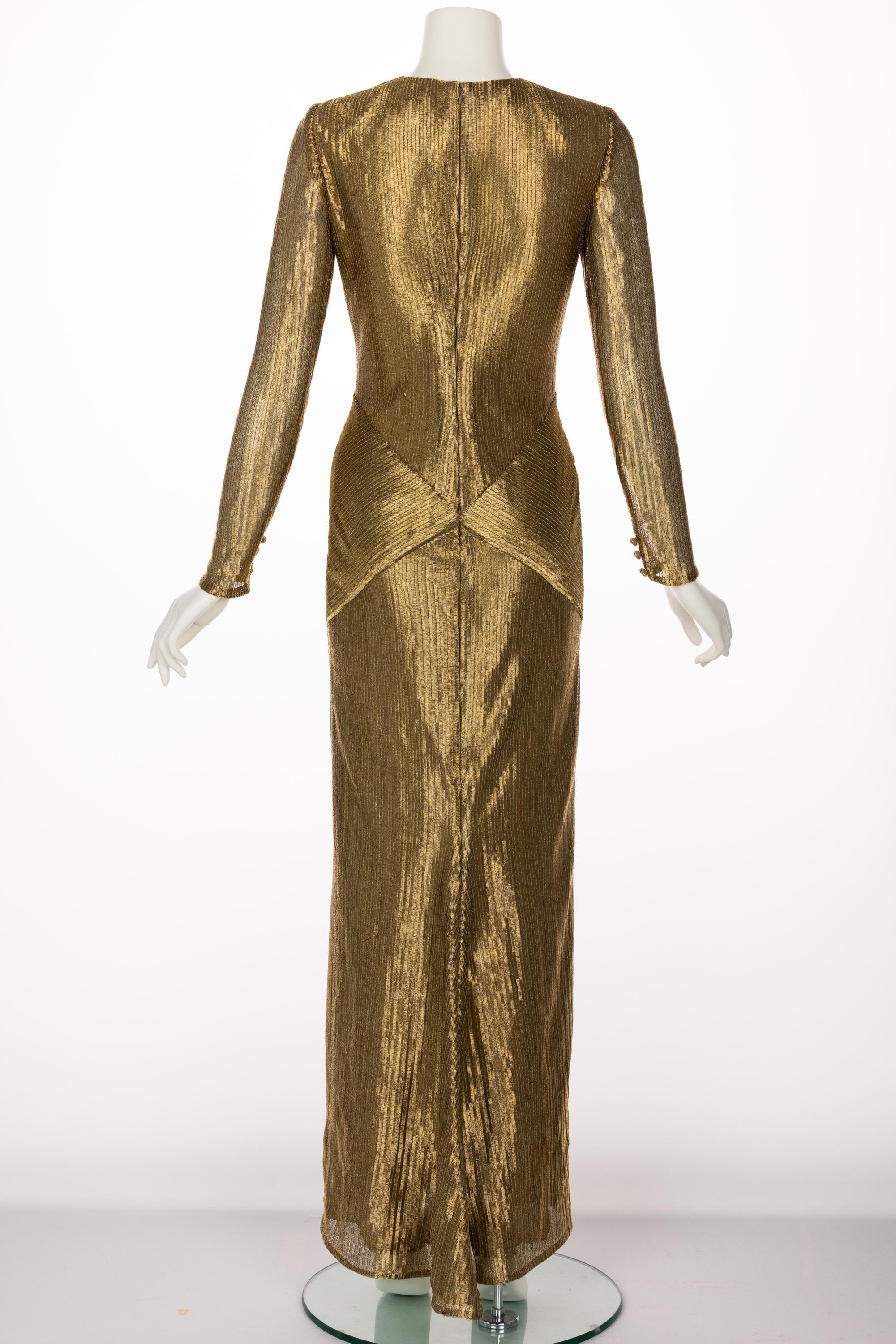 Brown Bill Blass Gold Metal Fishtail Column Maxi Dress, 1980s