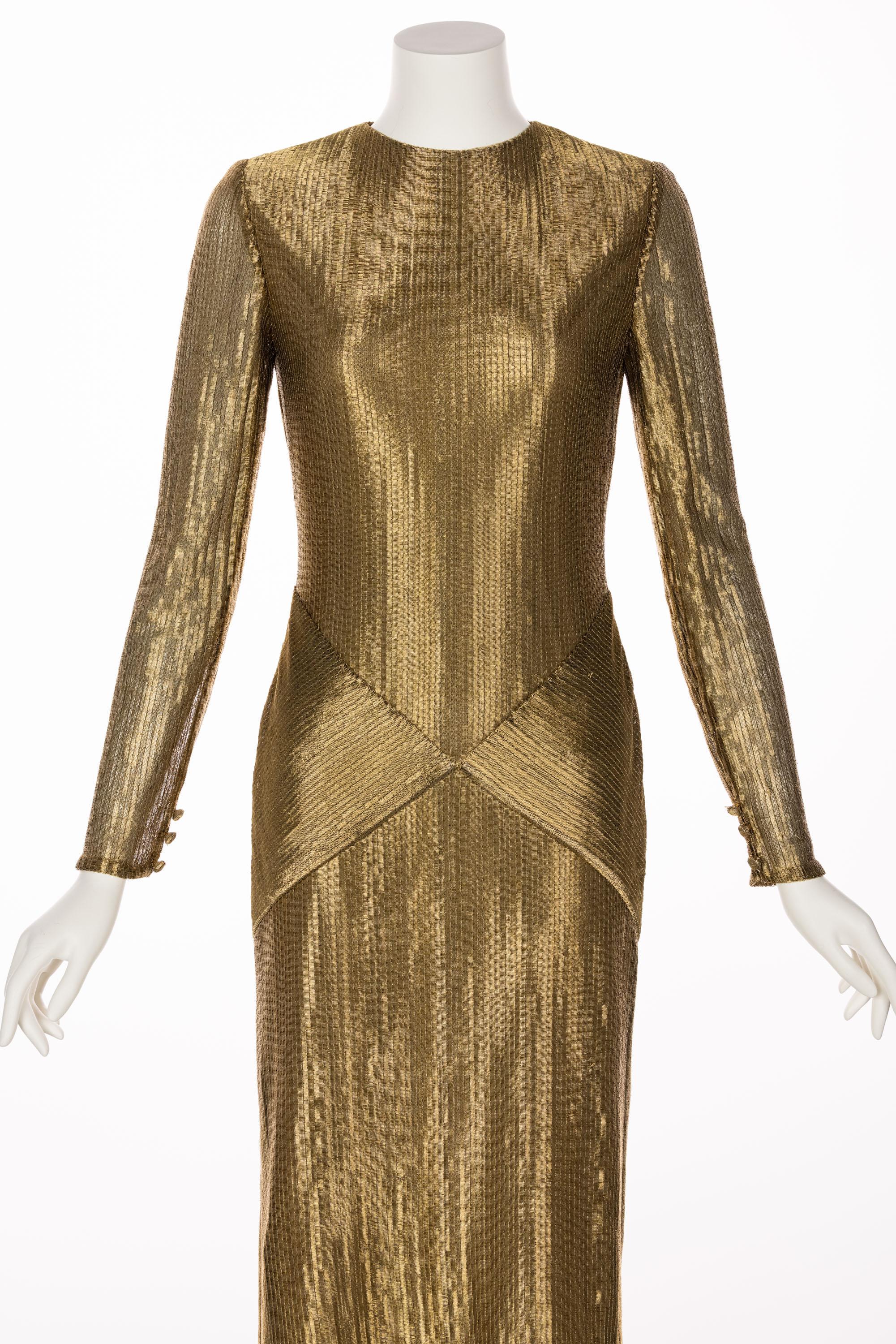 Bill Blass Gold Metal Fishtail Column Maxi Dress, 1980s 1