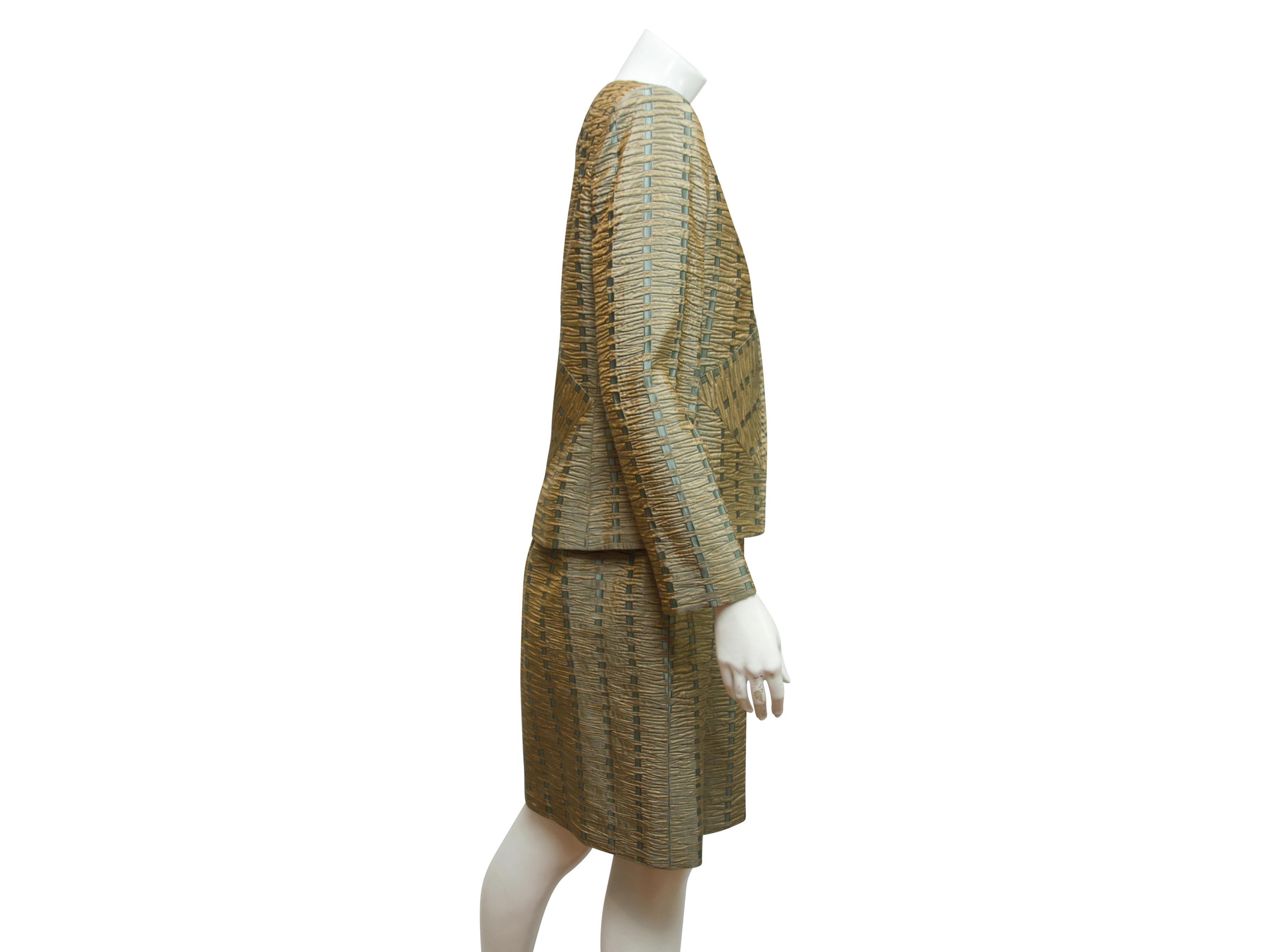 Product details:  Green and blue textured jacket and dress set by Bill Blass.  Crewneck.  Long sleeves.  Concealed zip-front closure.  Matching dress.  Jacket:  24