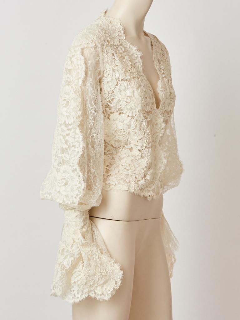 Bill Blass, ivory, Guipure Lace, cropped, blouse, having long sleeves that billow at the arm and a 