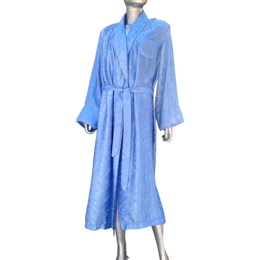 Bill Blass Ice Blue Jacquard Embroidered Insignia Vintage Robe Size Large  12