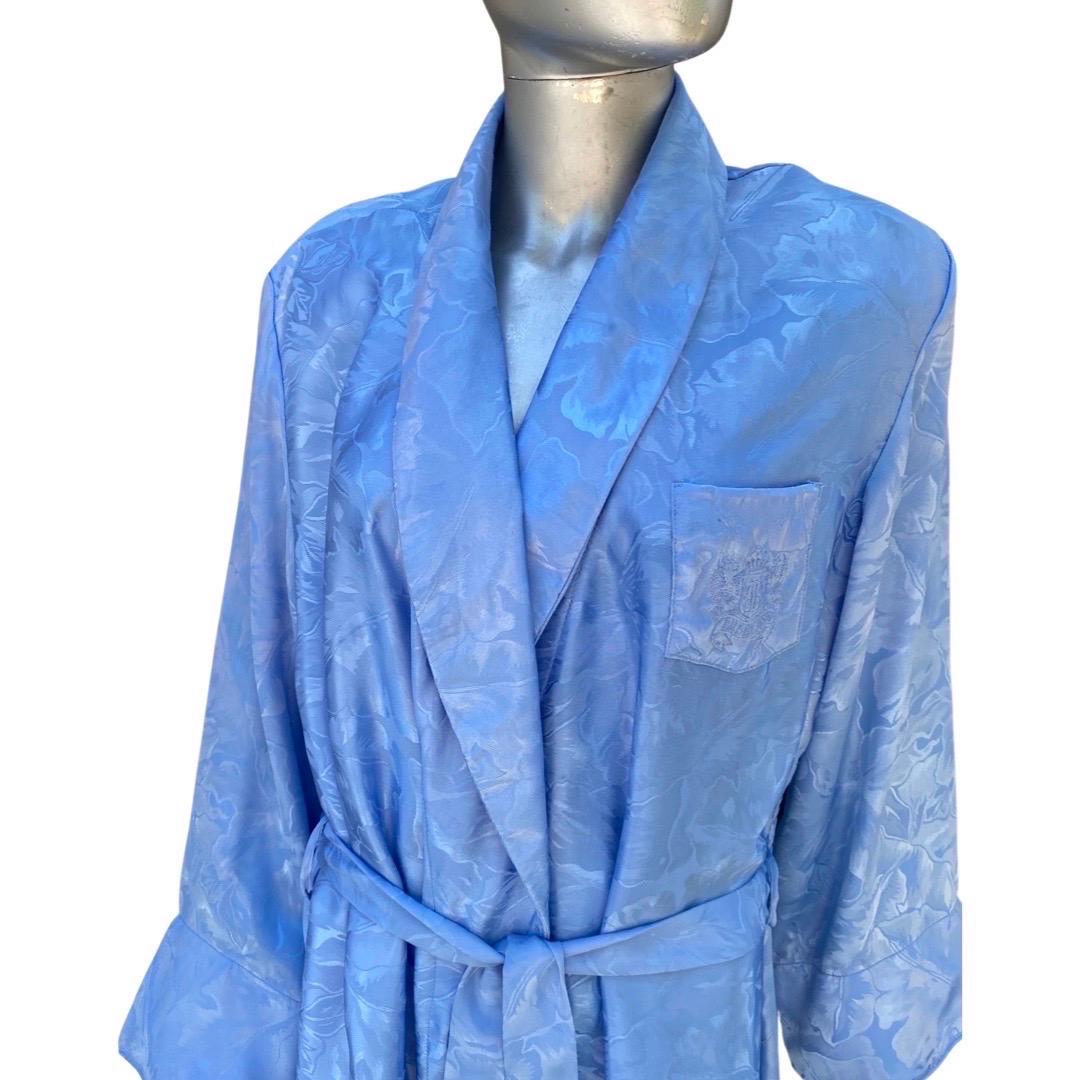 Women's Bill Blass Ice Blue Jacquard Embroidered Insignia Vintage Robe Size Large 