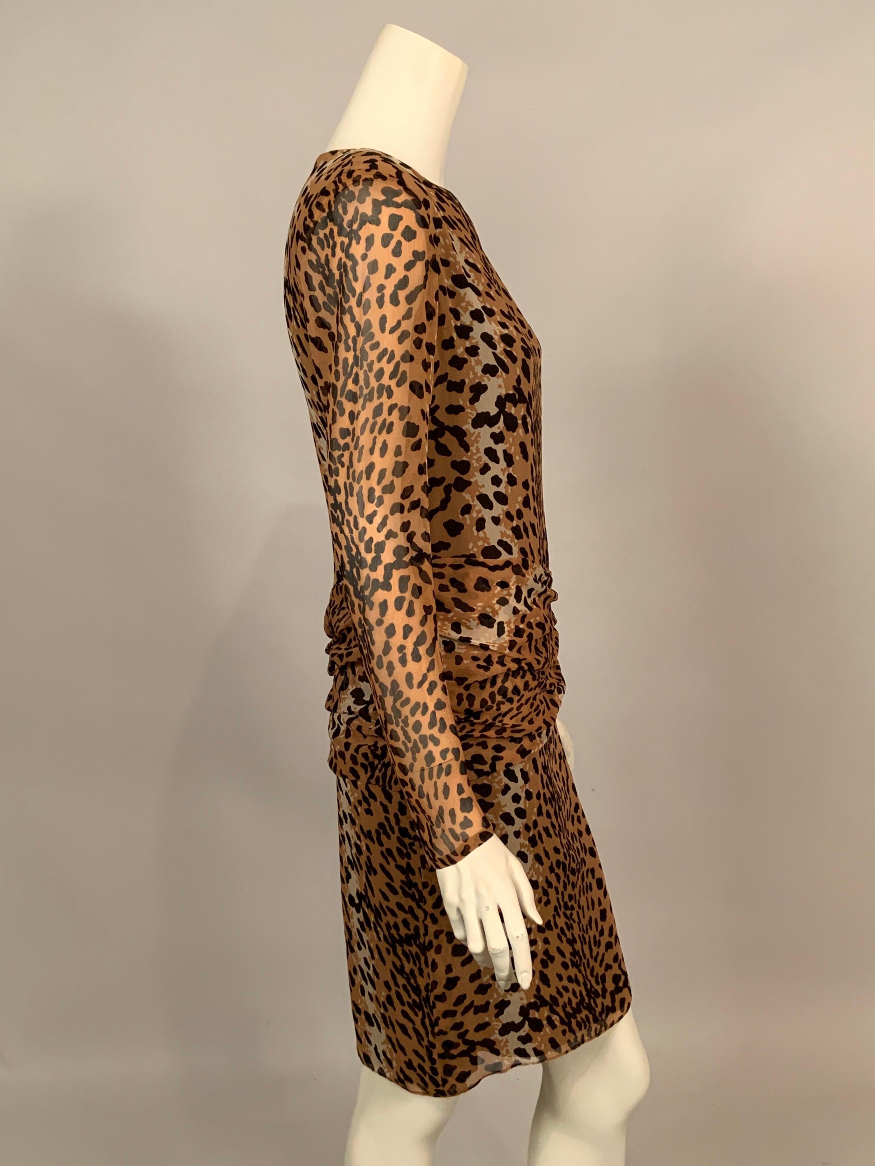 Brown Bill Blass Leopard Print Sheer Silk Chiffon Cocktails and Dinner Dress For Sale
