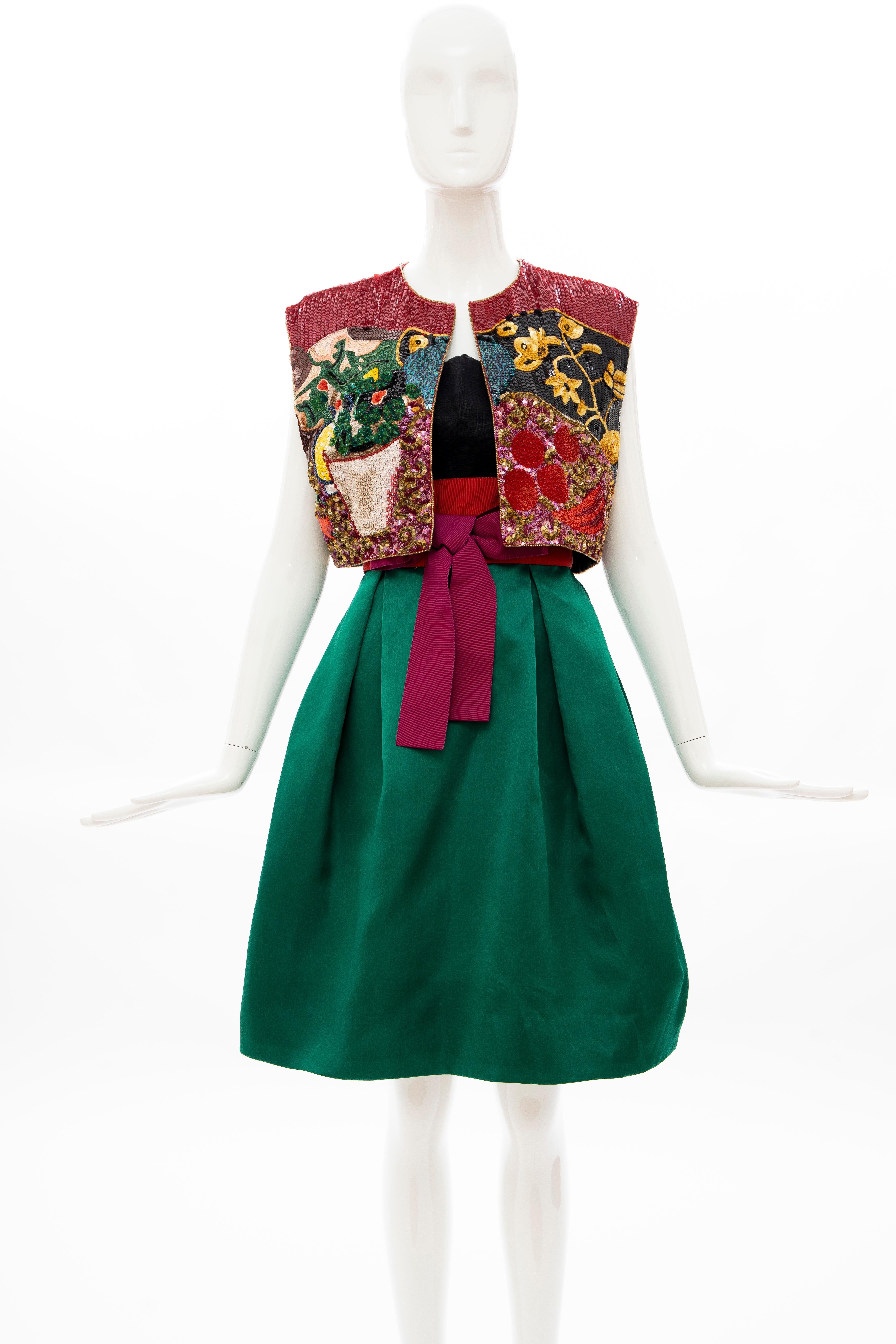 Bill Blass, Runway Spring 1988,  Matisse inspired dress ensemble. Strapless dress with emerald green silk satin box pleated skirt with black tubular linen bodice with grosgrain detail, back concealed zip and hook and eye closure and fully lined.
