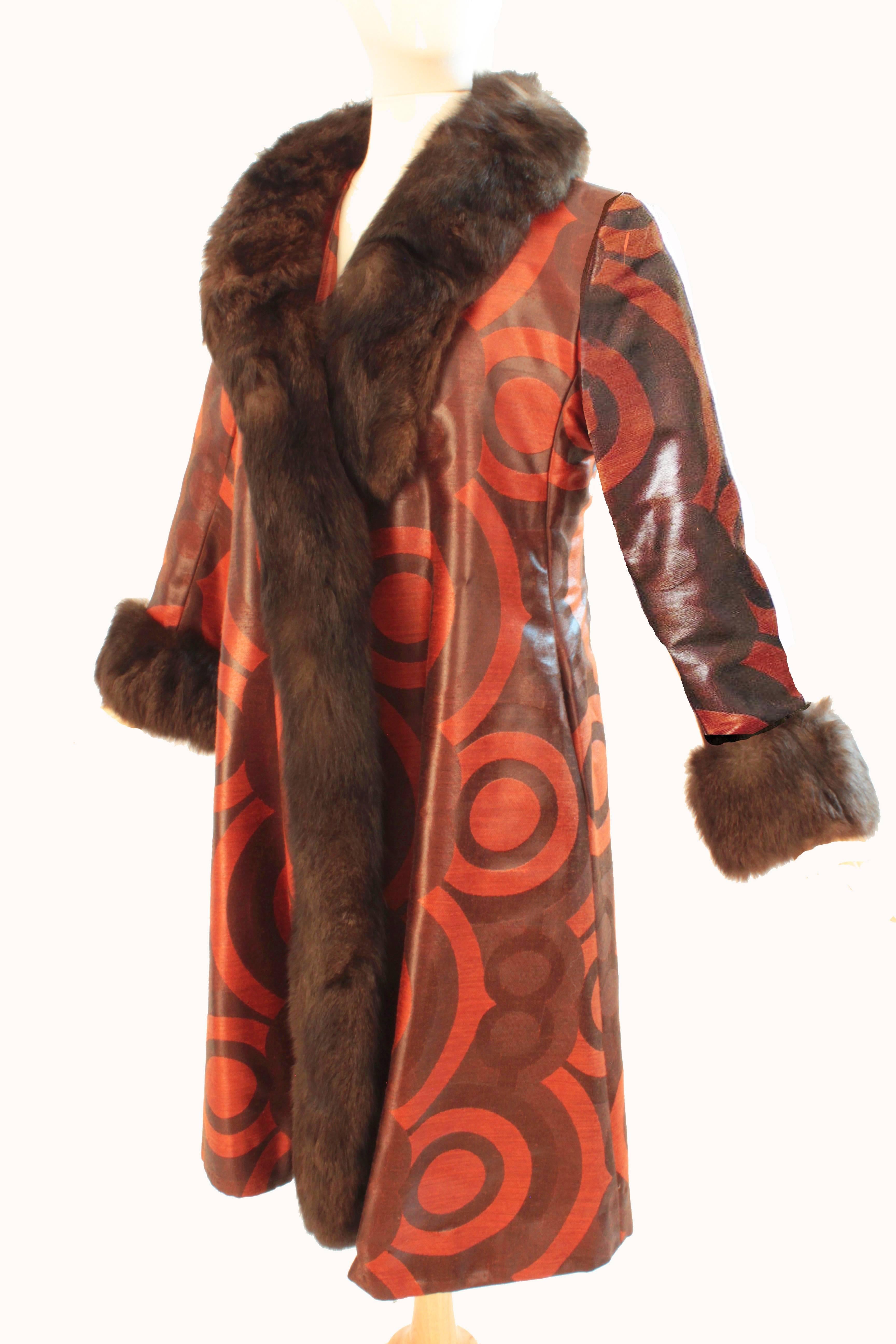 Brown Bill Blass Mod Bullseye Coat Woven Silk Mink Fur Trim 60s Vintage M