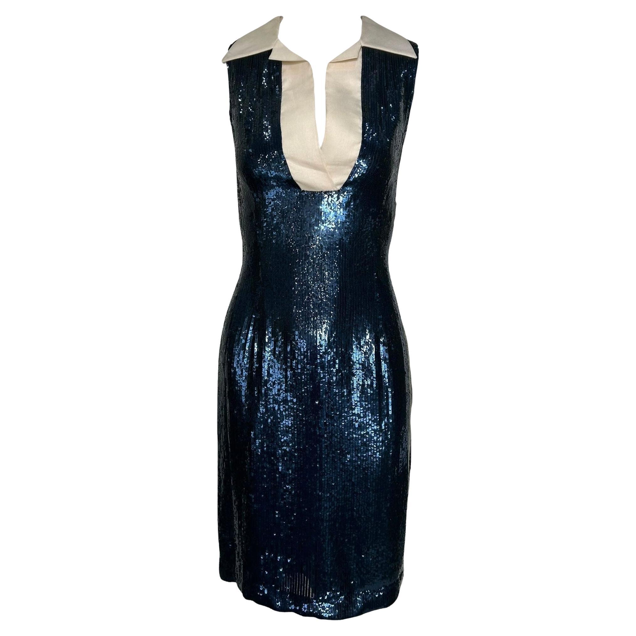 Bill Blass Navy Blue Sequin Sailor Cocktail Dress, 1980s For Sale