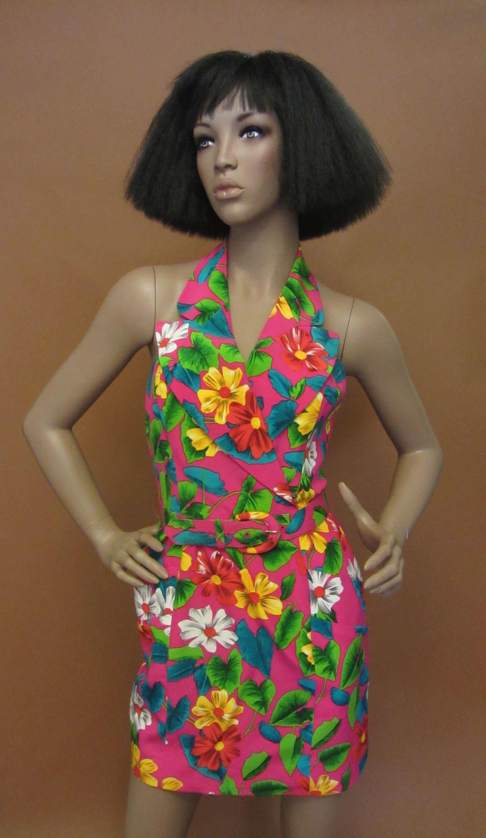 Bill Blass Pink Tropical Print Mini Dress In Excellent Condition For Sale In Brooklyn, NY