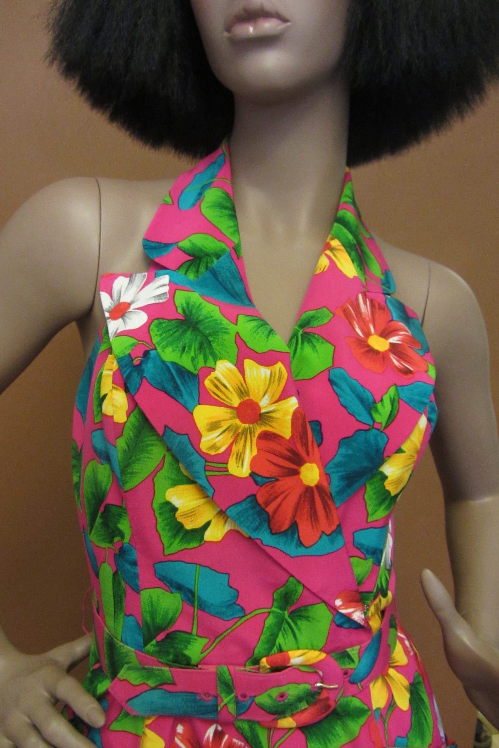 Women's Bill Blass Pink Tropical Print Mini Dress For Sale