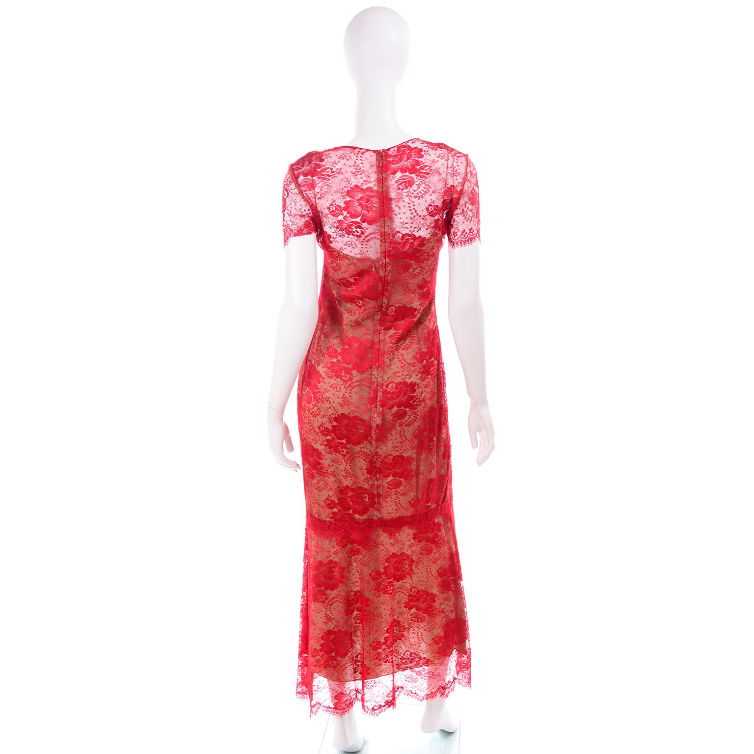 Bill Blass Red Lace Vintage Long Evening Runway Dress Spring Summer 1997 In Excellent Condition For Sale In Portland, OR