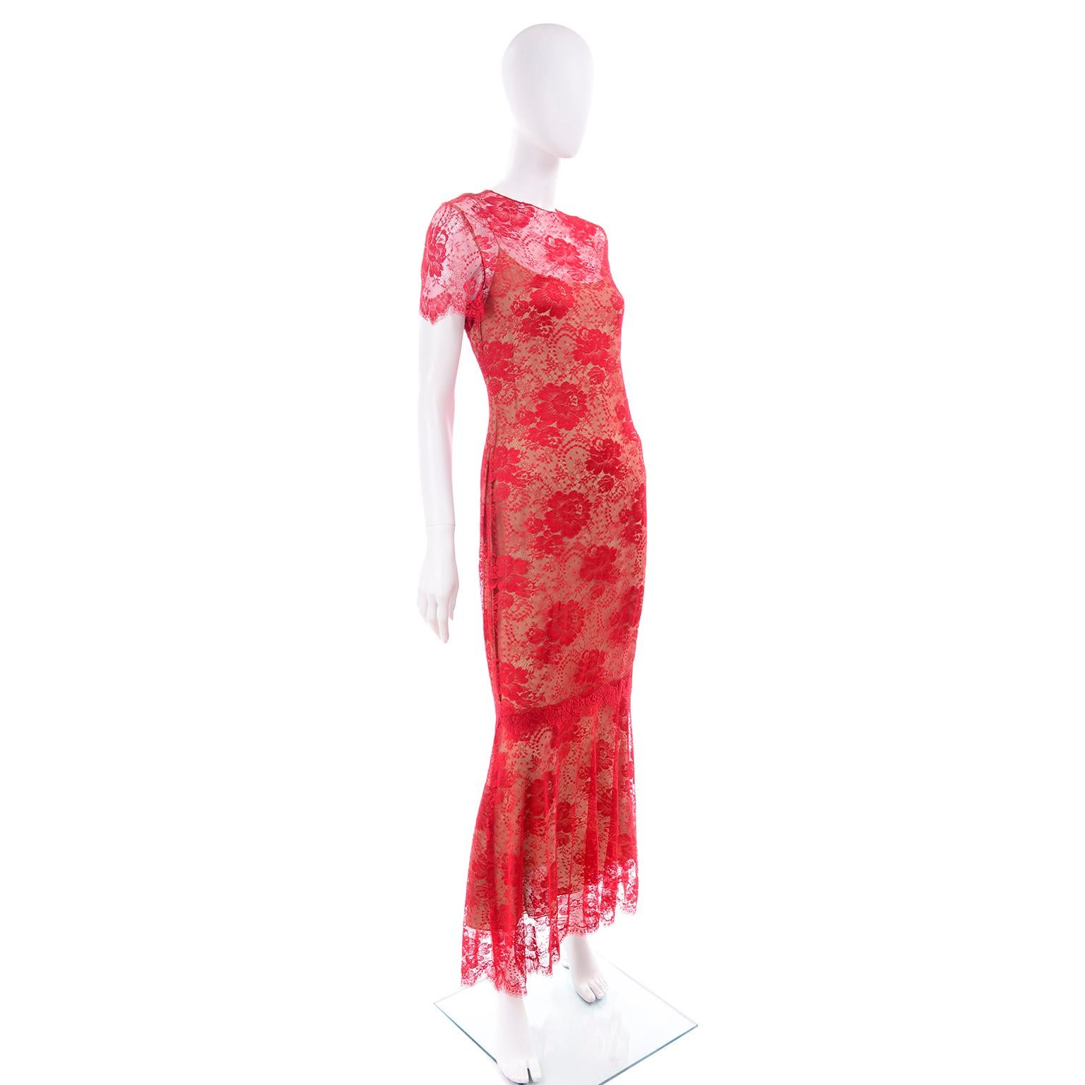 Bill Blass Red Lace Vintage Long Evening Runway Dress Spring Summer 1997 For Sale 1