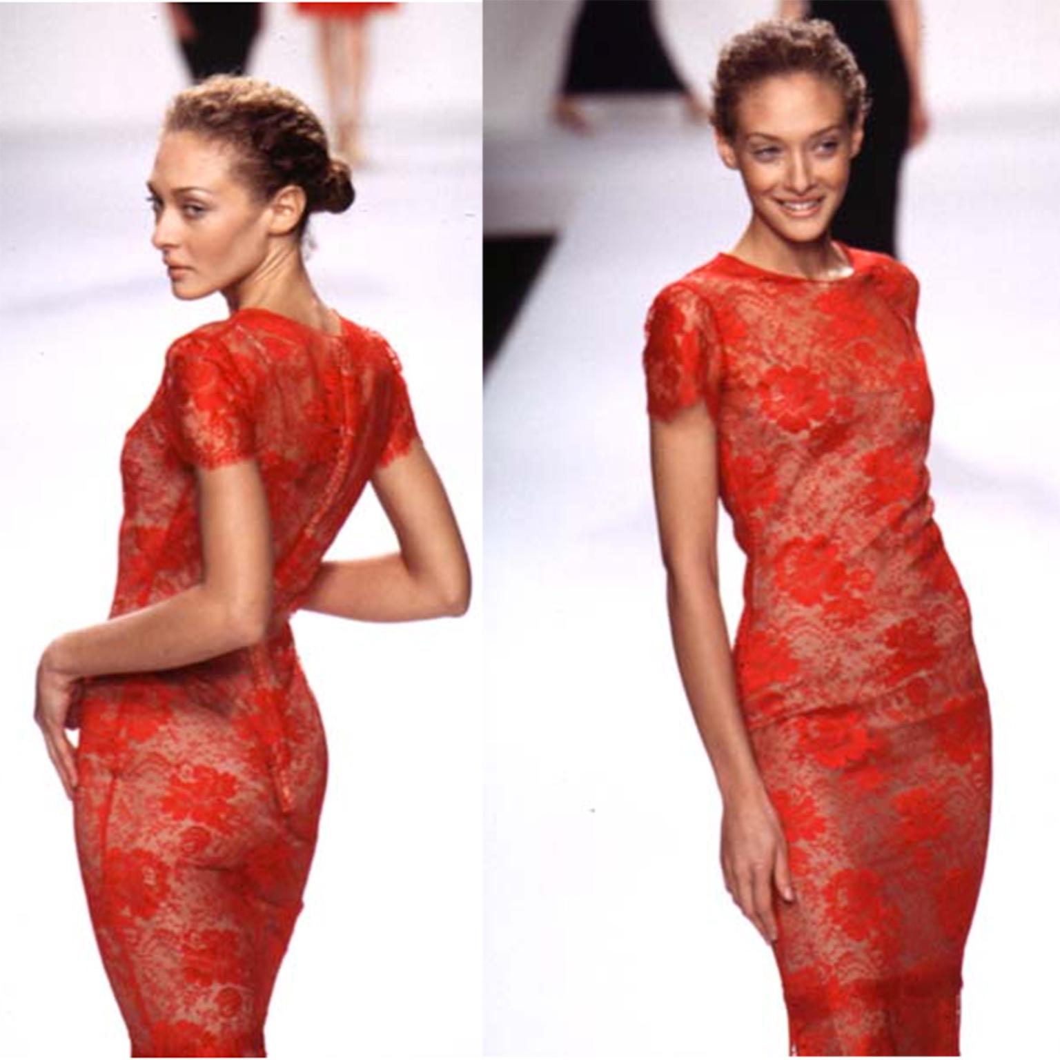 This vintage Bill Blass Spring Summer 1997 runway dress is simply incredible! This stunning evening dress is in a gorgeous, intricate red lace and it has a nude silk slip underneath. The double layered slip has thin straps and a scoop neckline and