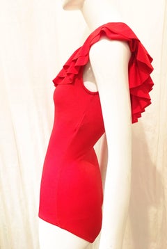Bill Blass Red One Shoulder Ruffle Trim Bathing Suit
