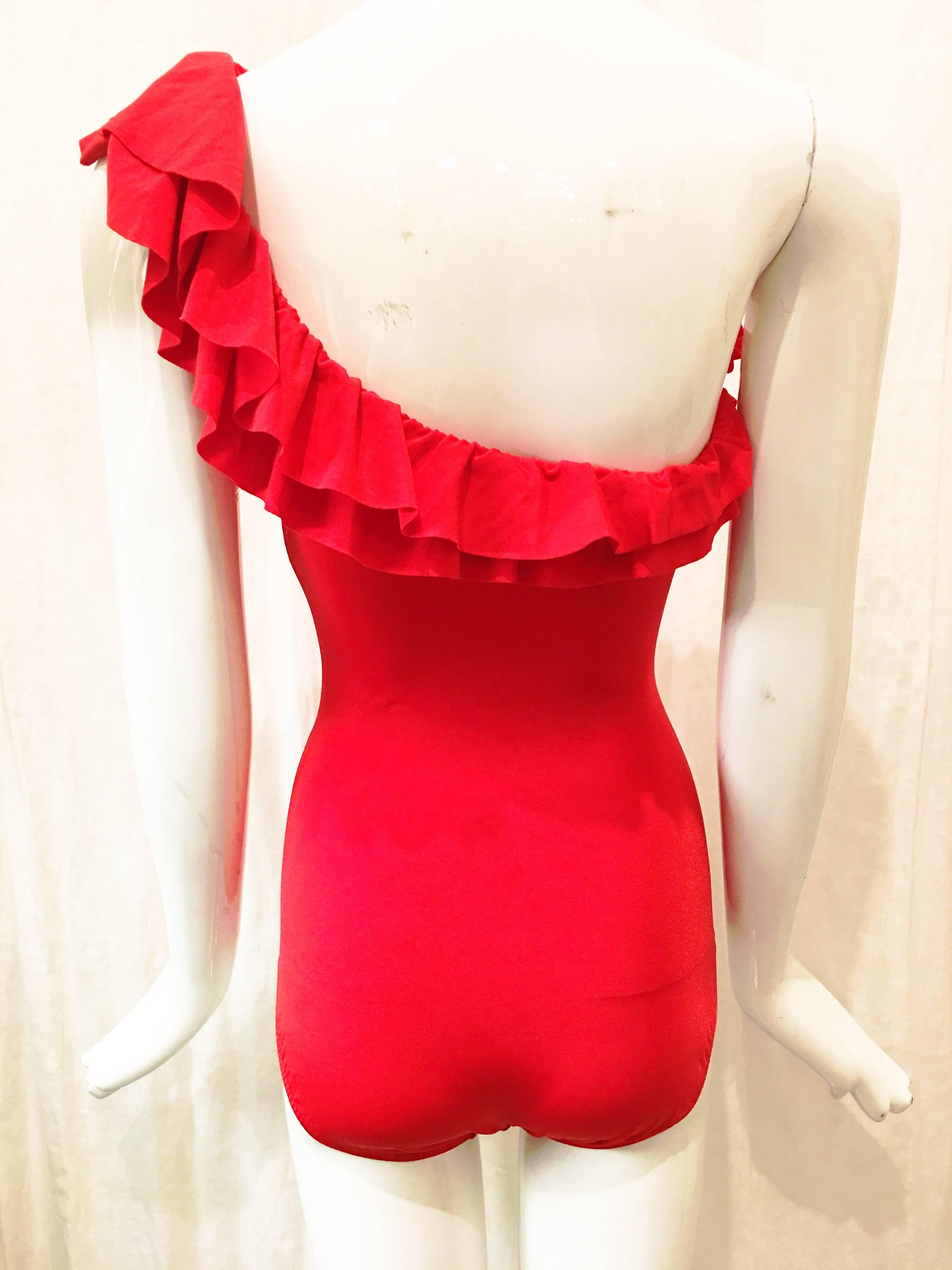 Bill Blass Red One Shoulder Ruffle Trim Bathing Suit In Excellent Condition For Sale In Brooklyn, NY