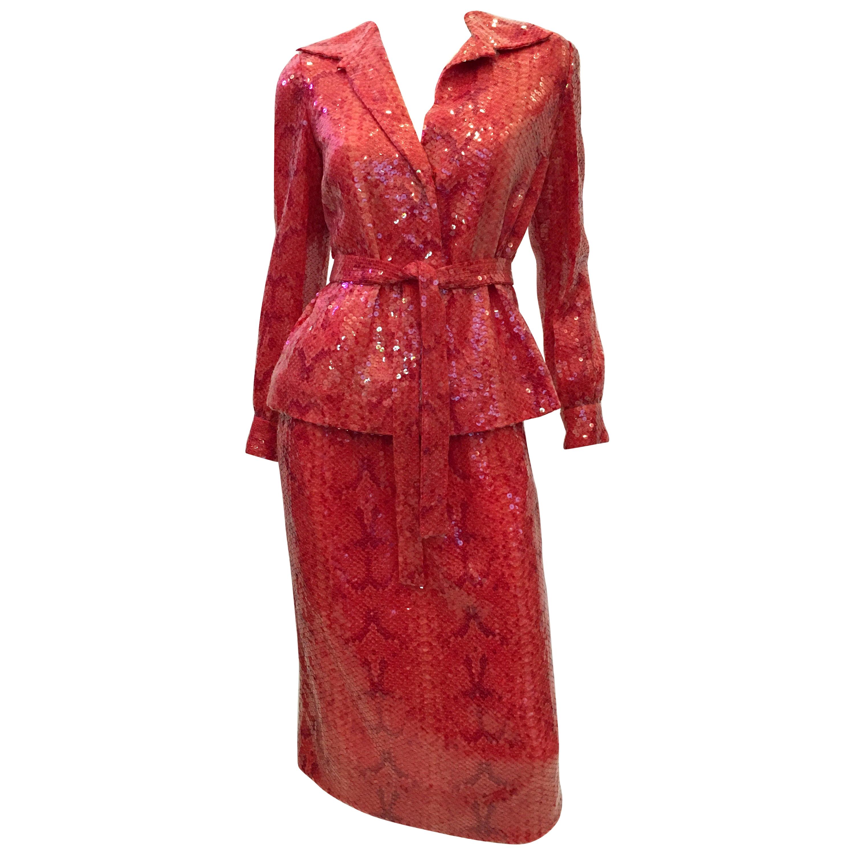 Bill Blass Red Orange Lizard Print Sequin Two piece Suit, 1970s  For Sale