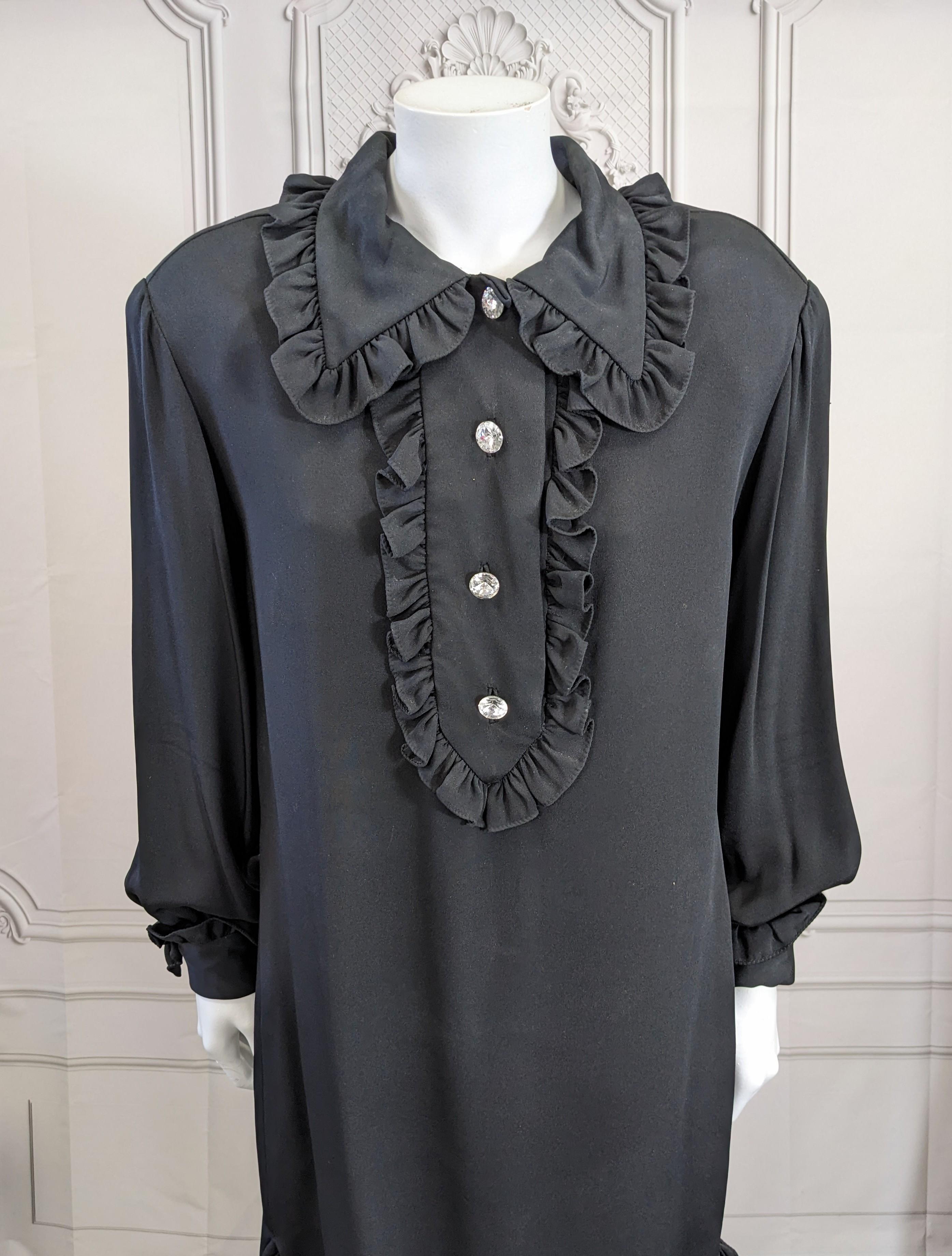 Bill Blass Ruffle Trimmed Shirt Dress in heavy silk crepe with large diamonte buttons. Easy straight cut with large shoulder pads with ruffle trimmed placket and cuffs. 
Size 8, straight loose cut. Would work belted as well. 1980's USA. 