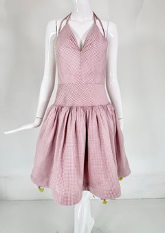Bill Blass Runway Pink Silk Check Halter Dress with Pansy Border Under Slip 2006