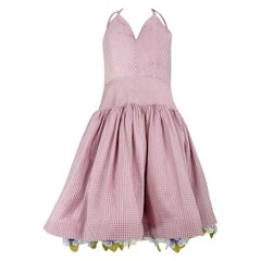 Bill Blass Runway Pink Silk Check Halter Dress with Pansy Border Under Slip 2006