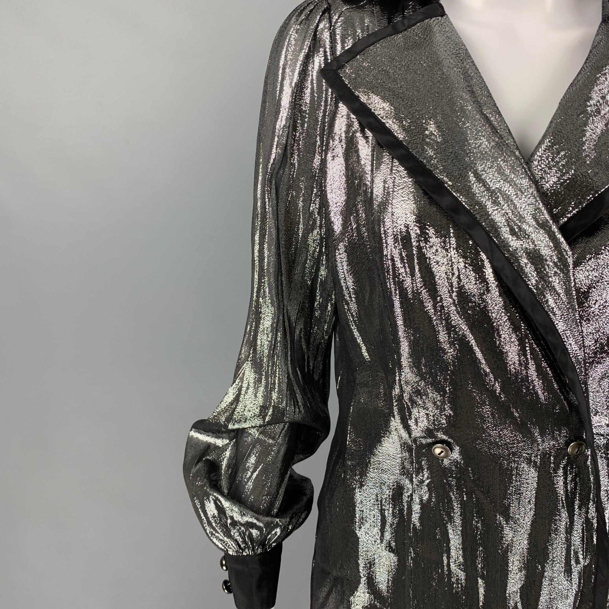 BILL BLASS coat comes in a silver & black metallic silk featuring a notch lapel, slit pockets, and a double breasted closure.
New with tags. 

Marked:   2 

Measurements: 
 
Shoulder: 13 inches Bust: 32 inches Sleeve: 27 inches Length: 41.5 inches 
