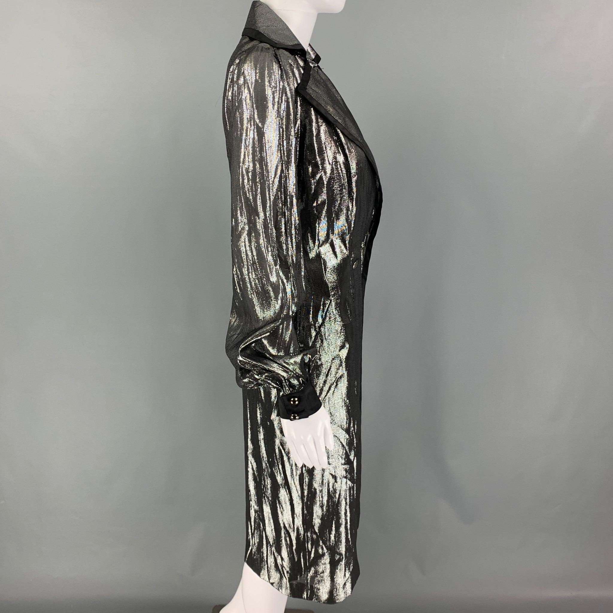 BILL BLASS Taille 2 Silver Black Silk Metallic Double Breasted Coat Excellent état - En vente à San Francisco, CA